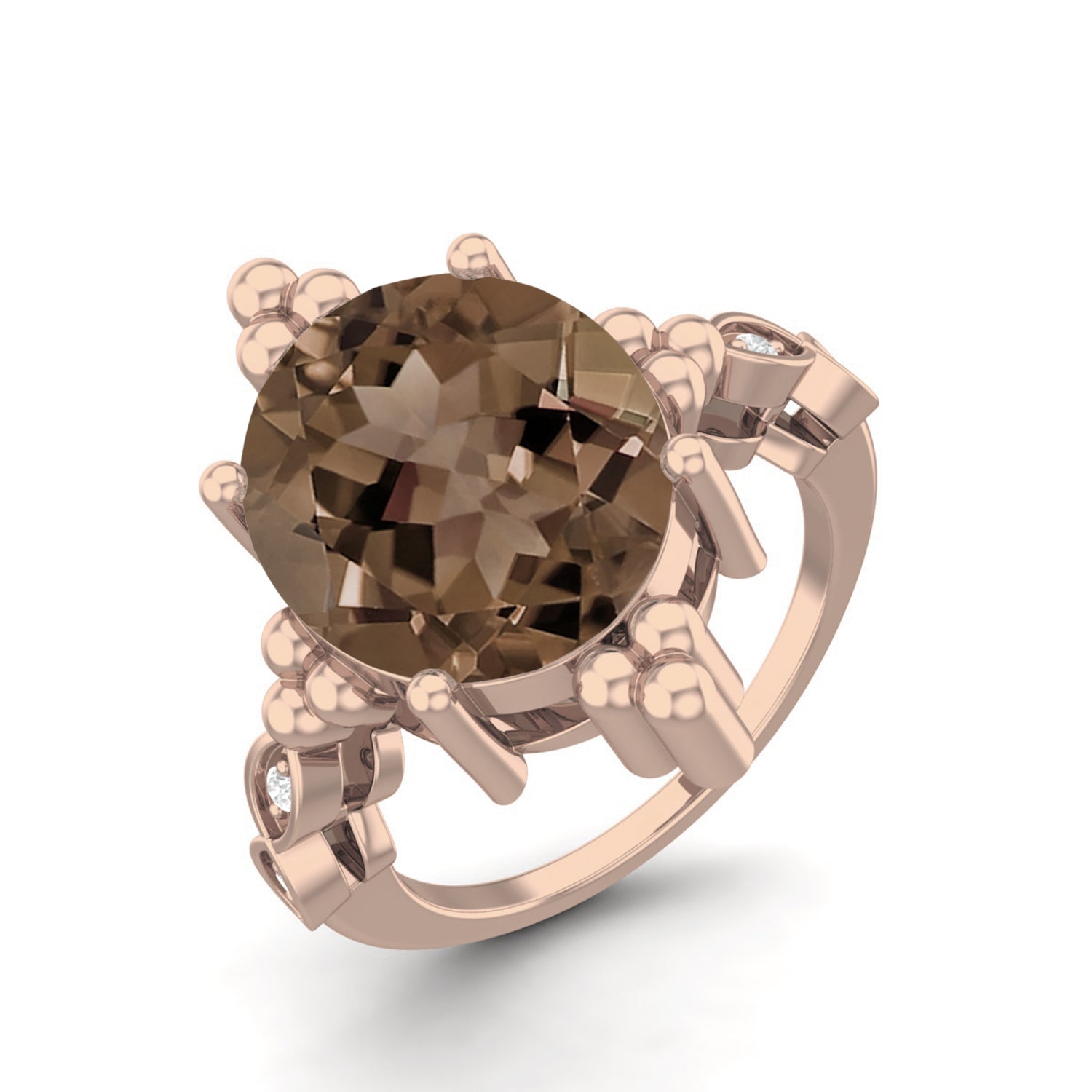 Smoky Quartz 5.00 Ct Oval Beaded Vintage Statement Ring – 14K Yellow Gold