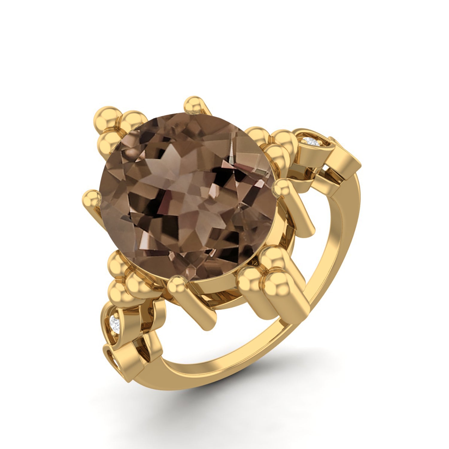 Smoky Quartz 5.00 Ct Oval Beaded Vintage Statement Ring – 14K Yellow Gold