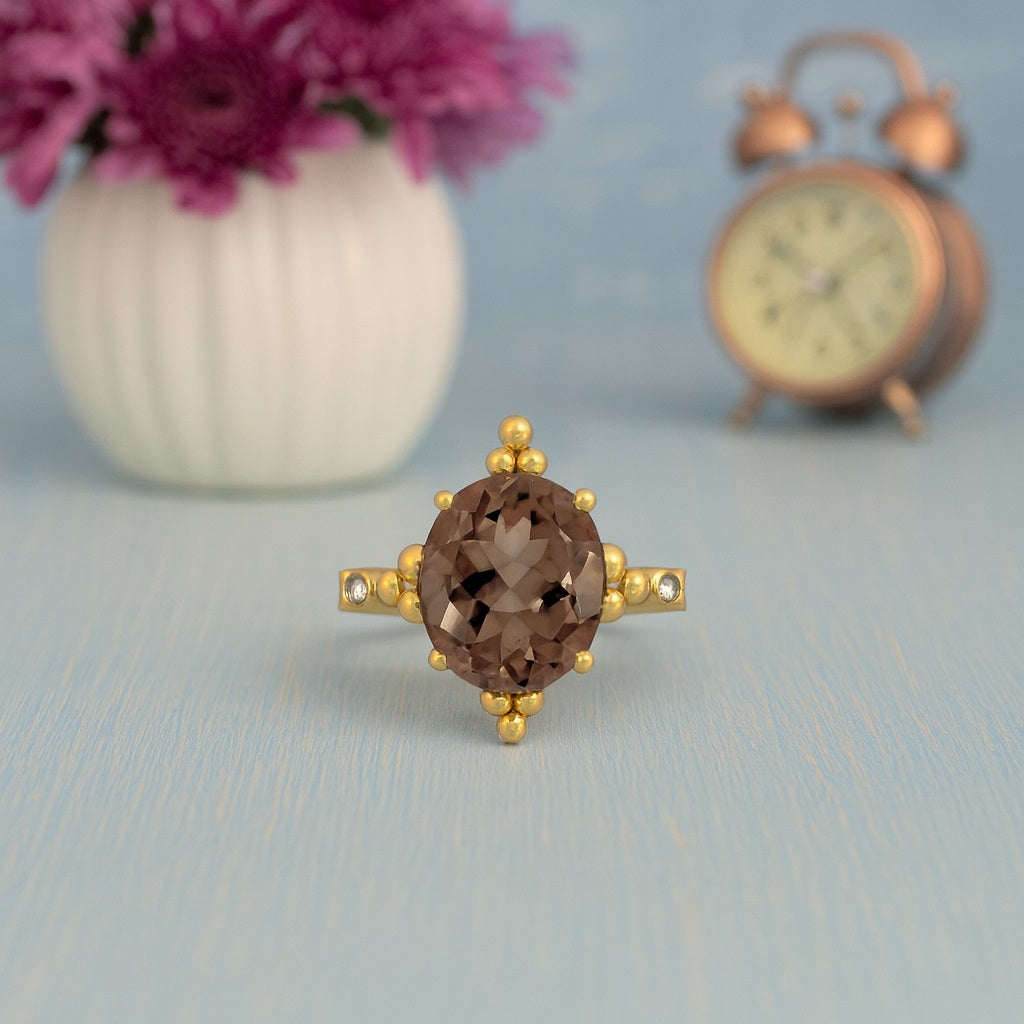 Smoky Quartz 5.00 Ct Oval Beaded Vintage Statement Ring – 14K Yellow Gold