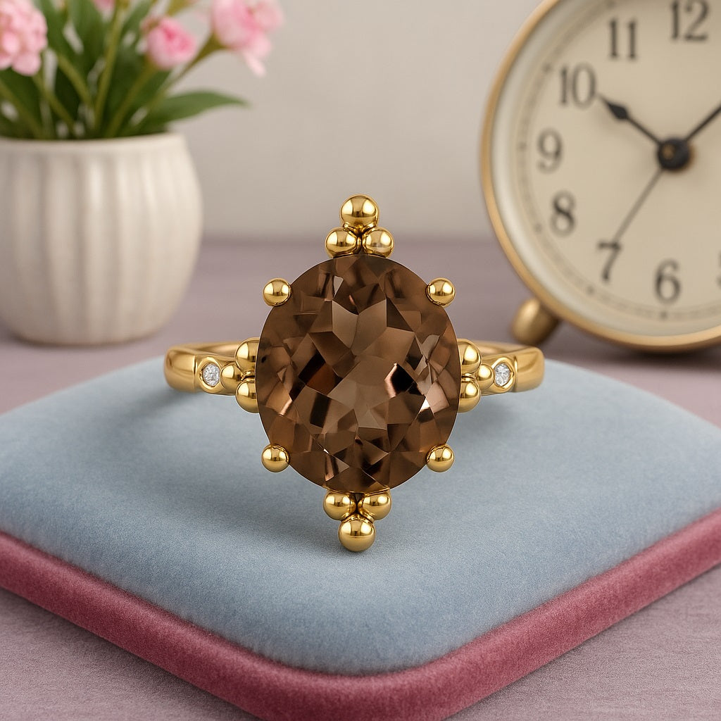 Smoky Quartz 5.00 Ct Oval Beaded Vintage Statement Ring – 14K Yellow Gold