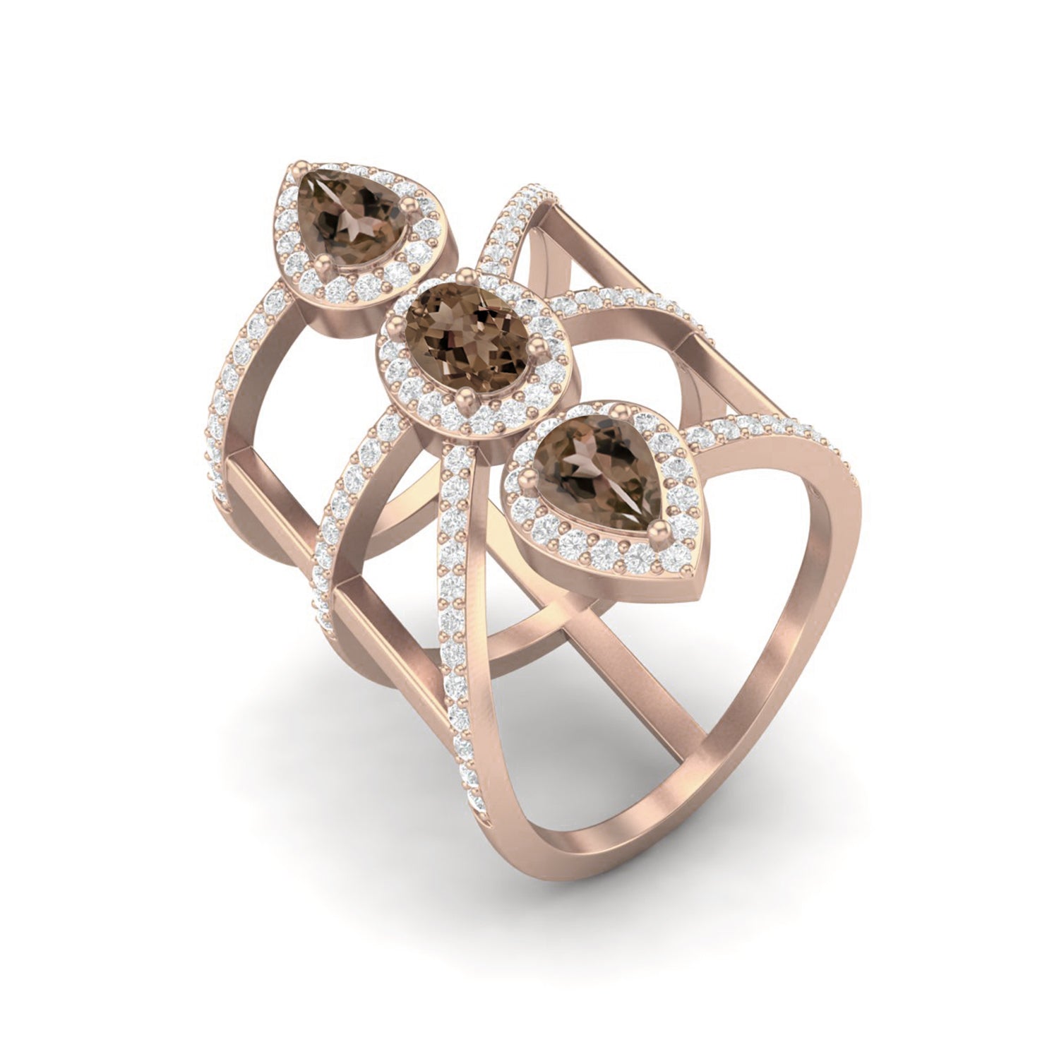 Smoky Quartz 2.10 Ct Pear Bold Statement  Halo Ring – 14K Yellow Gold