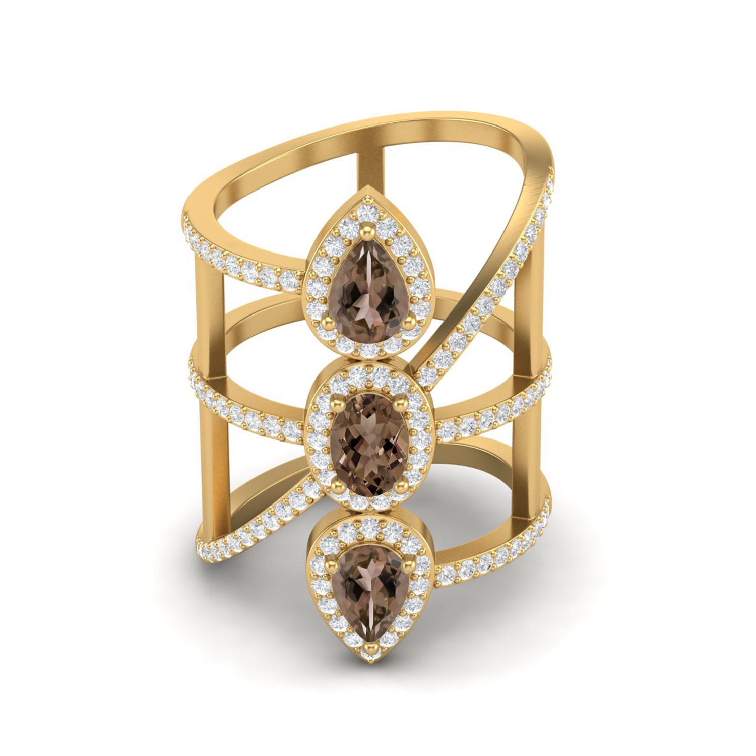 Smoky Quartz 2.10 Ct Pear Bold Statement  Halo Ring – 14K Yellow Gold