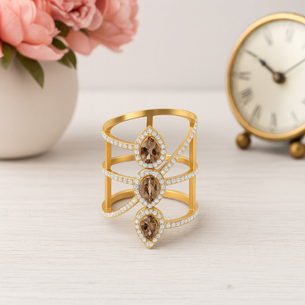Smoky Quartz 2.10 Ct Pear Bold Statement  Halo Ring – 14K Yellow Gold