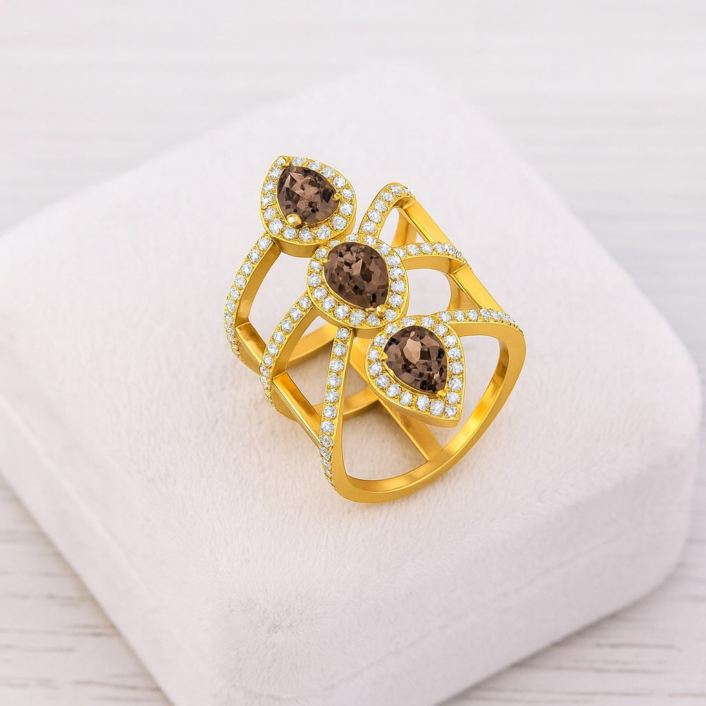 Smoky Quartz 2.10 Ct Pear Bold Statement  Halo Ring – 14K Yellow Gold