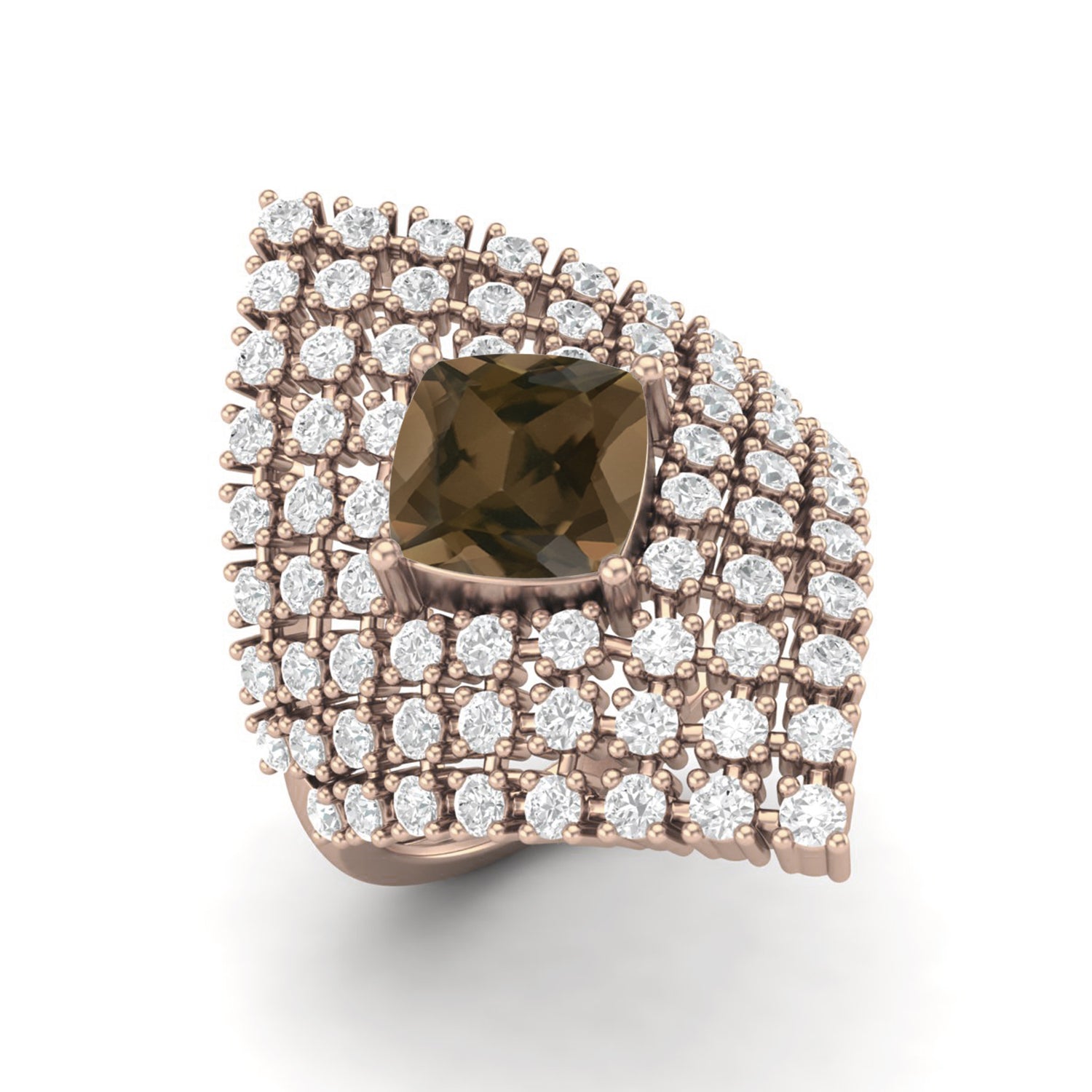 Smoky Quartz 2.05 Ct Cushion Cocktail Cluster Ring - 14K Yellow Gold