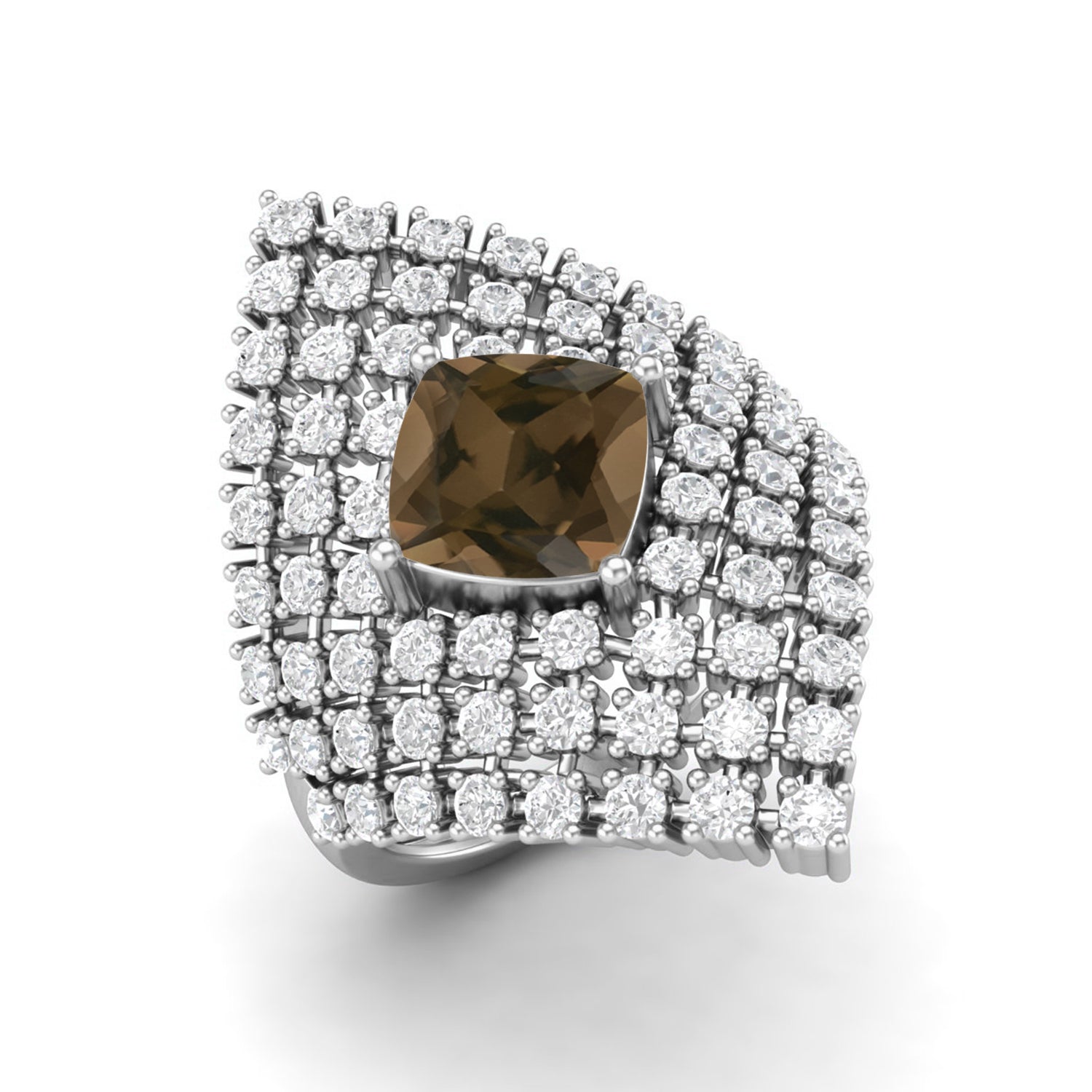 Smoky Quartz 2.05 Ct Cushion Cocktail Cluster Ring - 14K Yellow Gold