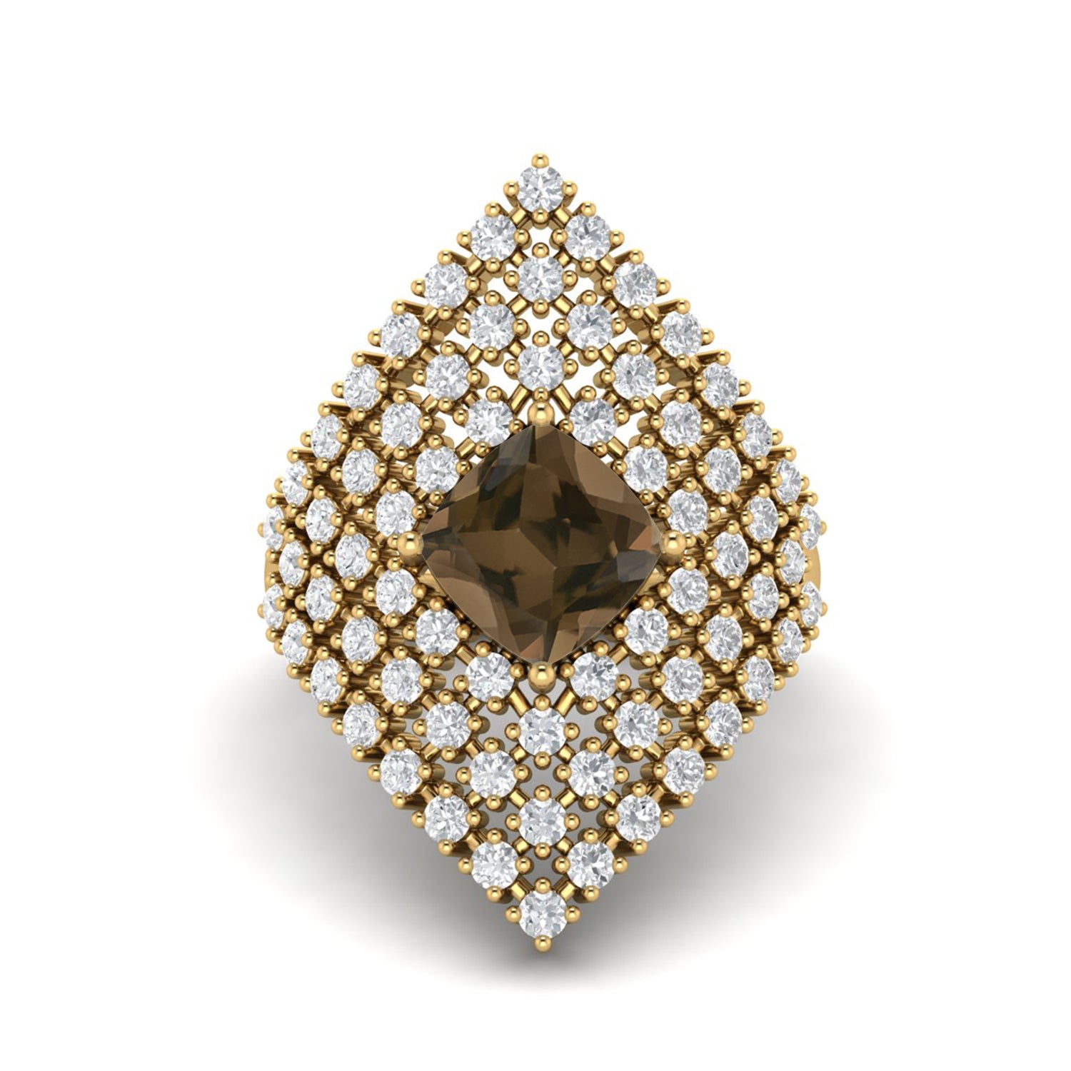 Smoky Quartz 2.05 Ct Cushion Cocktail Cluster Ring - 14K Yellow Gold