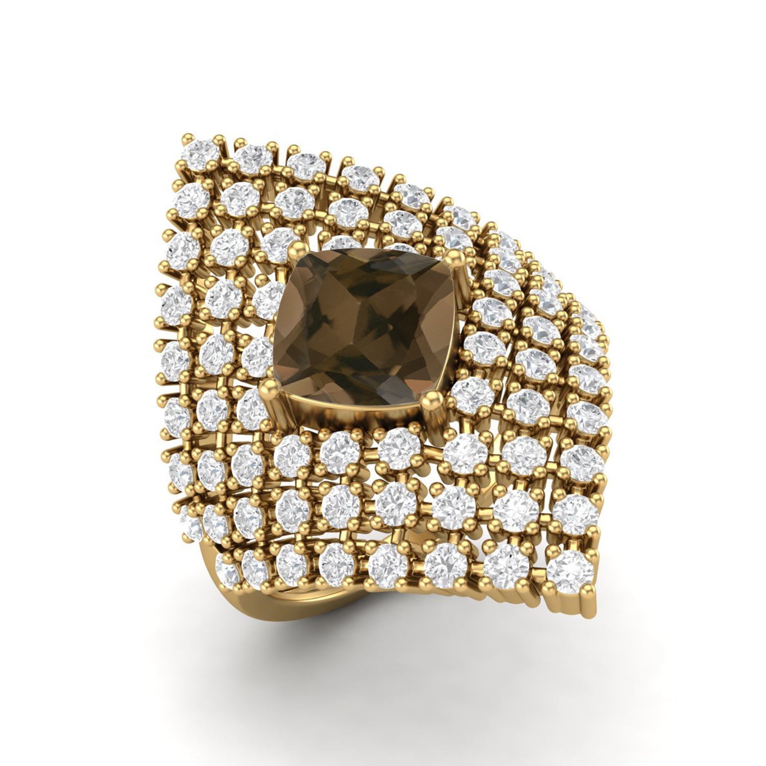 Smoky Quartz 2.05 Ct Cushion Cocktail Cluster Ring - 14K Yellow Gold