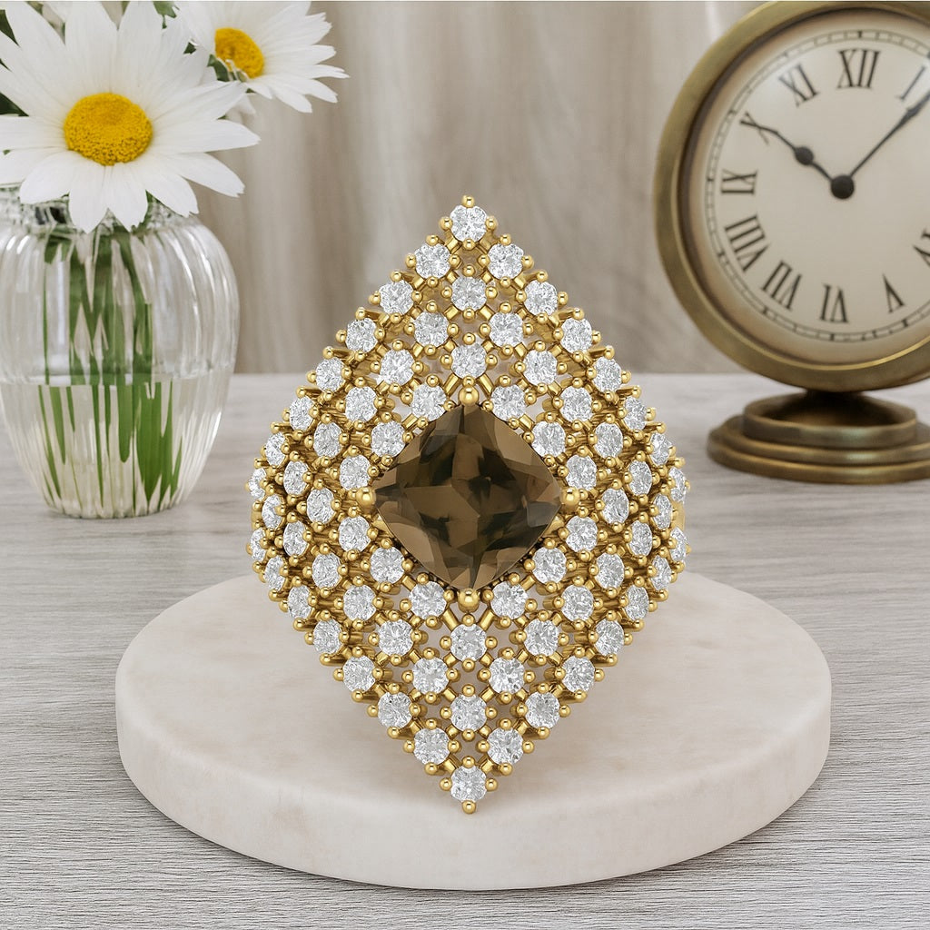 Smoky Quartz 2.05 Ct Cushion Cocktail Cluster Ring - 14K Yellow Gold