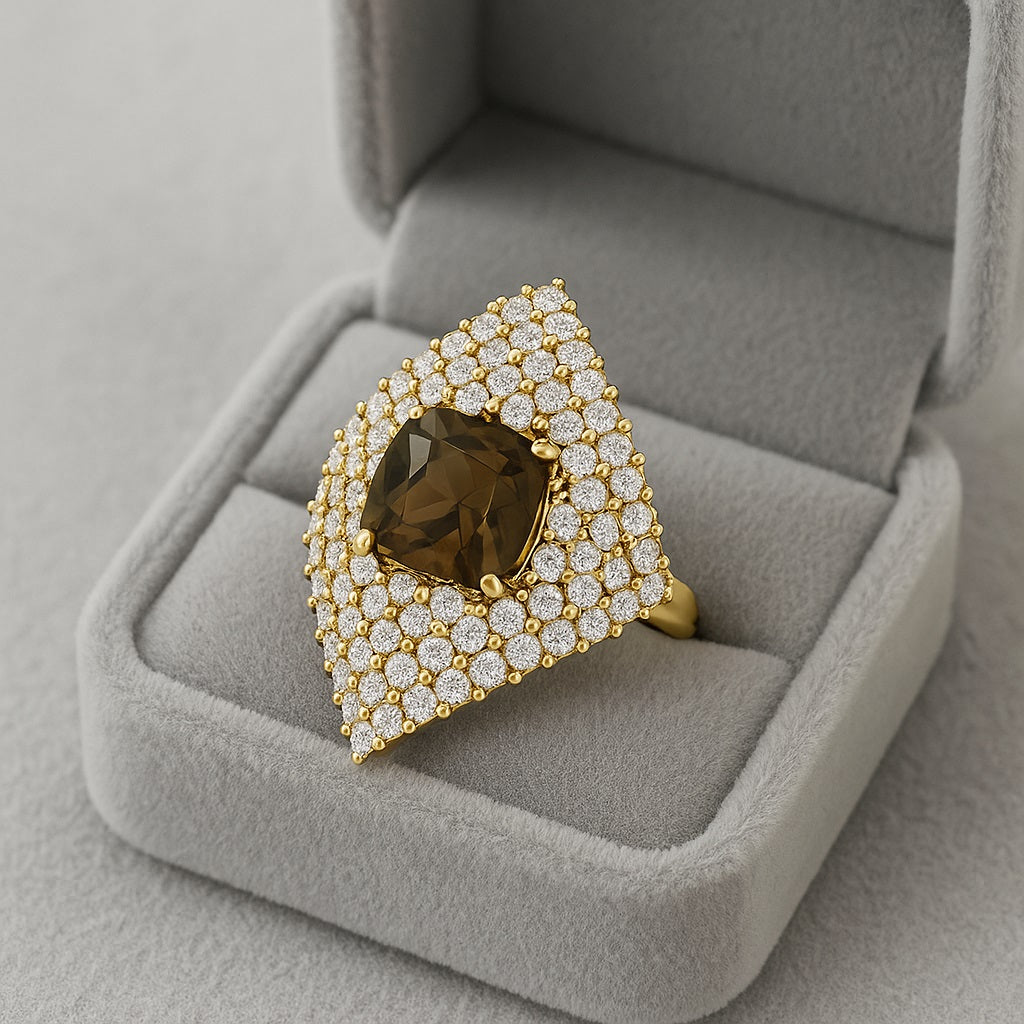Smoky Quartz 2.05 Ct Cushion Cocktail Cluster Ring - 14K Yellow Gold