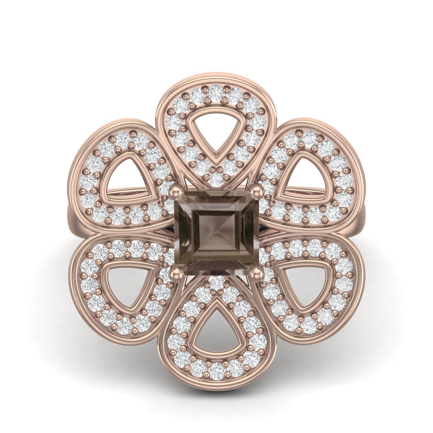 Smoky Quartz 0.75 Ct Cushion Floral Cocktail Ring - 14K Yellow Gold