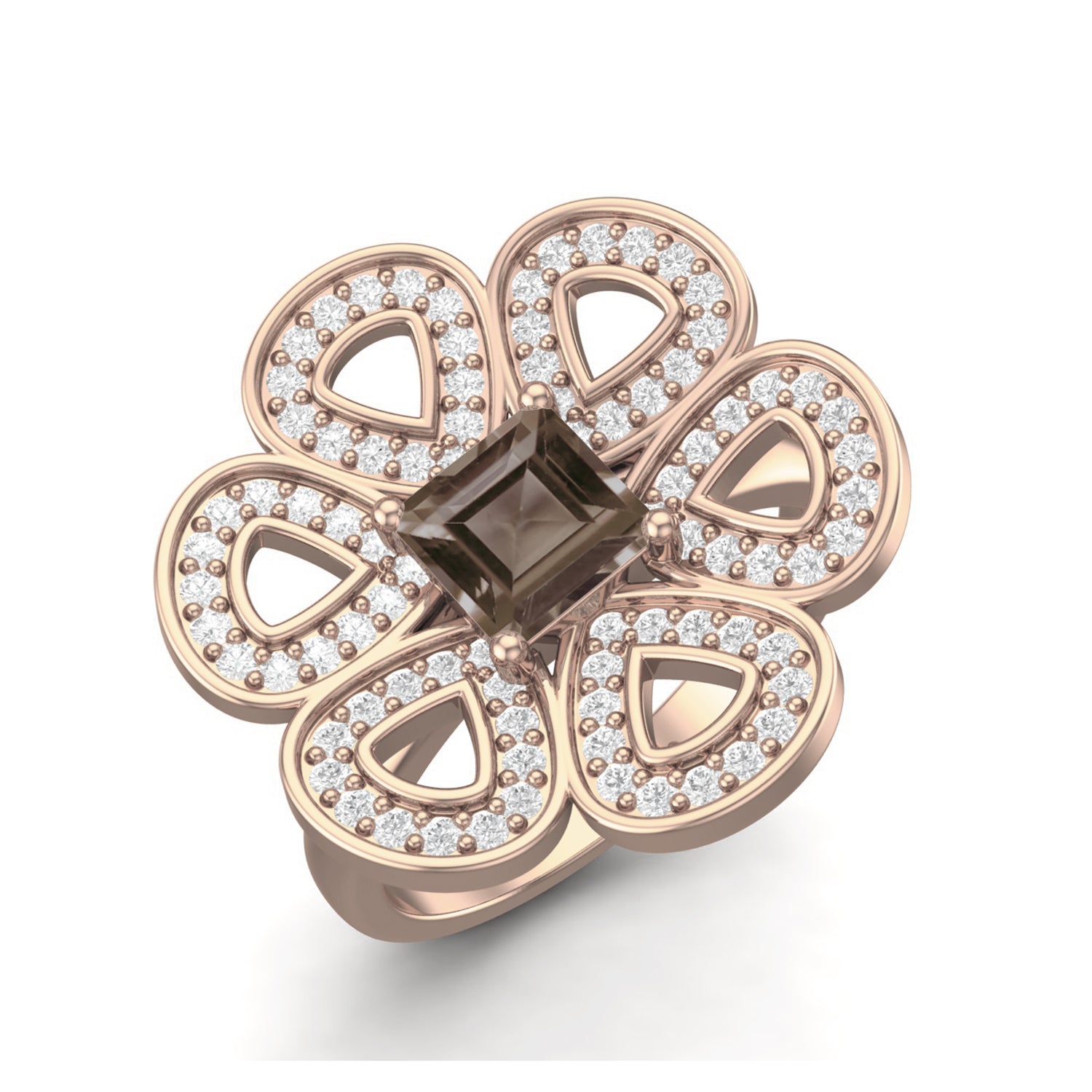 Smoky Quartz 0.75 Ct Cushion Floral Cocktail Ring - 14K Yellow Gold