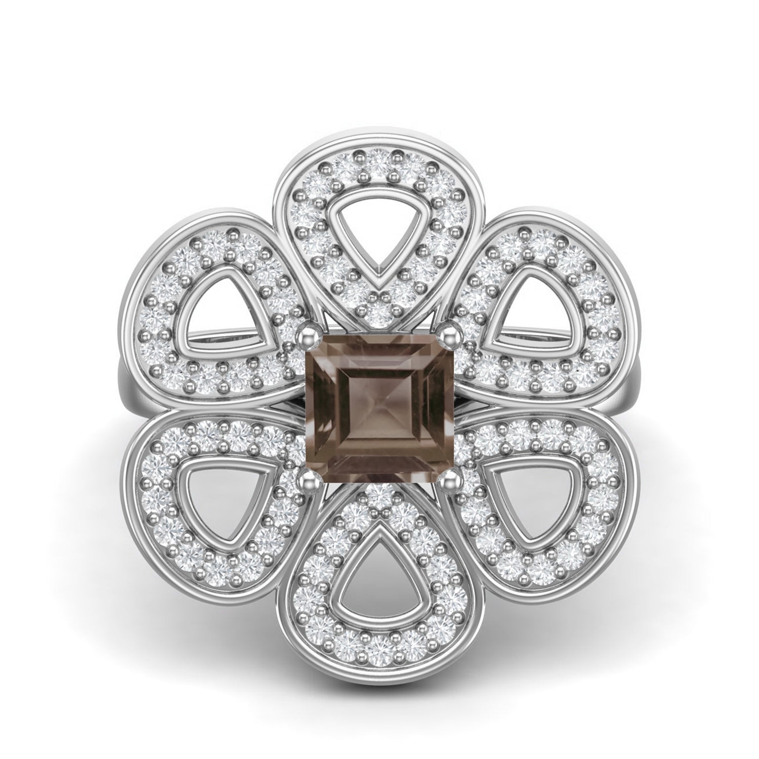 Smoky Quartz 0.75 Ct Cushion Floral Cocktail Ring - 14K Yellow Gold