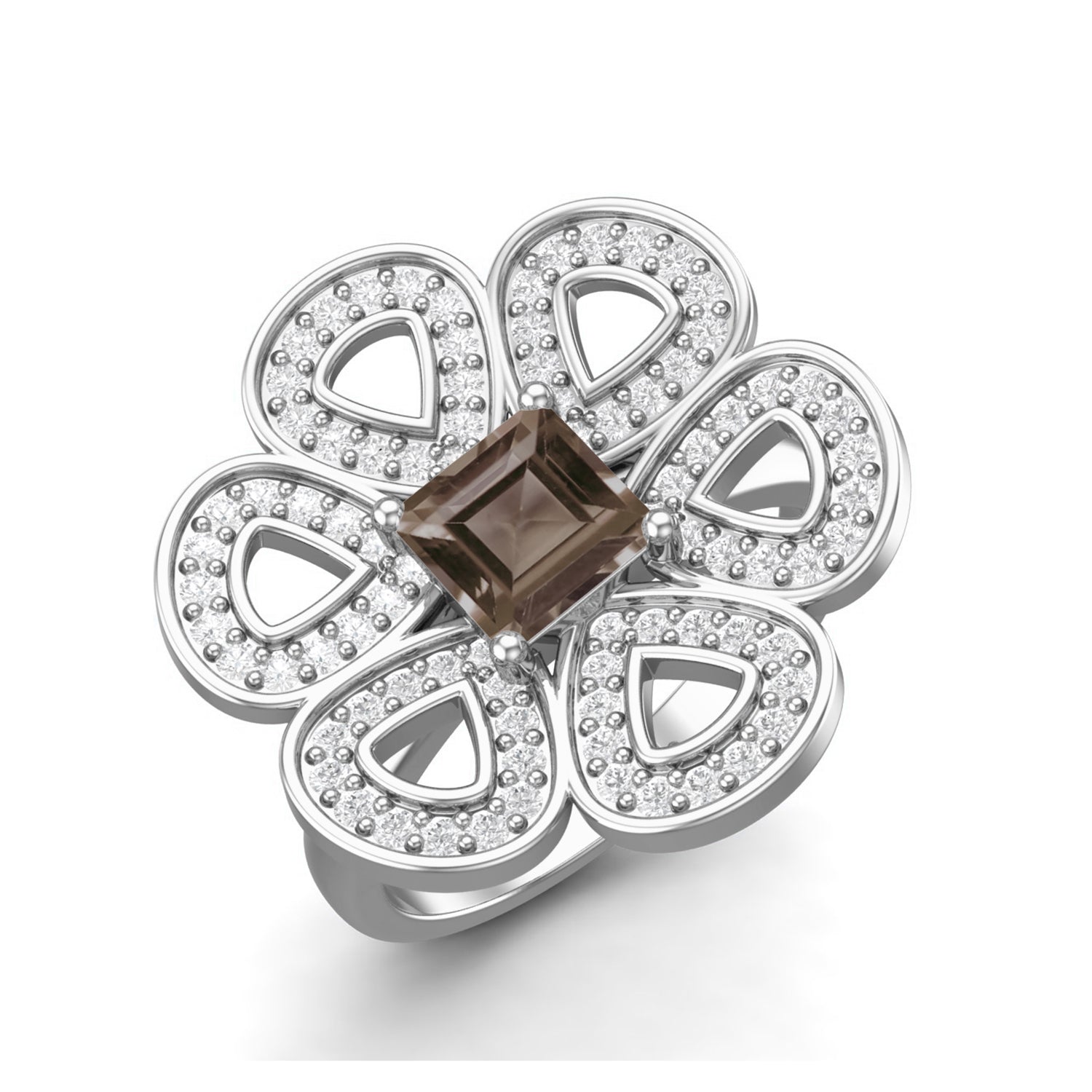 Smoky Quartz 0.75 Ct Cushion Floral Cocktail Ring - 14K Yellow Gold
