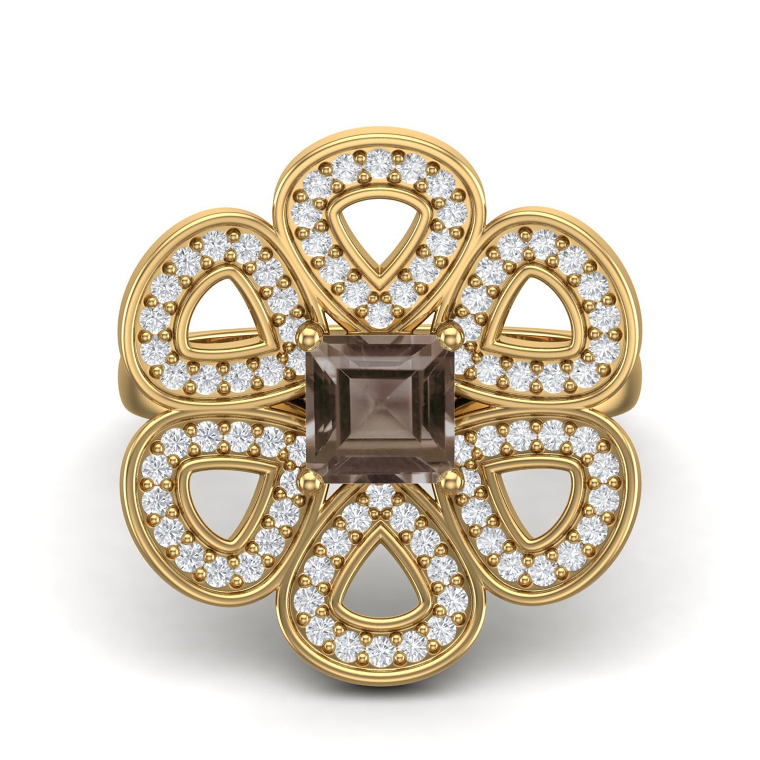 Smoky Quartz 0.75 Ct Cushion Floral Cocktail Ring - 14K Yellow Gold
