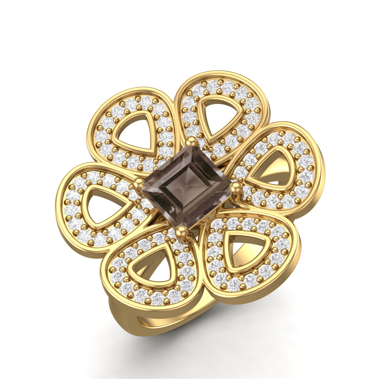 Smoky Quartz 0.75 Ct Cushion Floral Cocktail Ring - 14K Yellow Gold