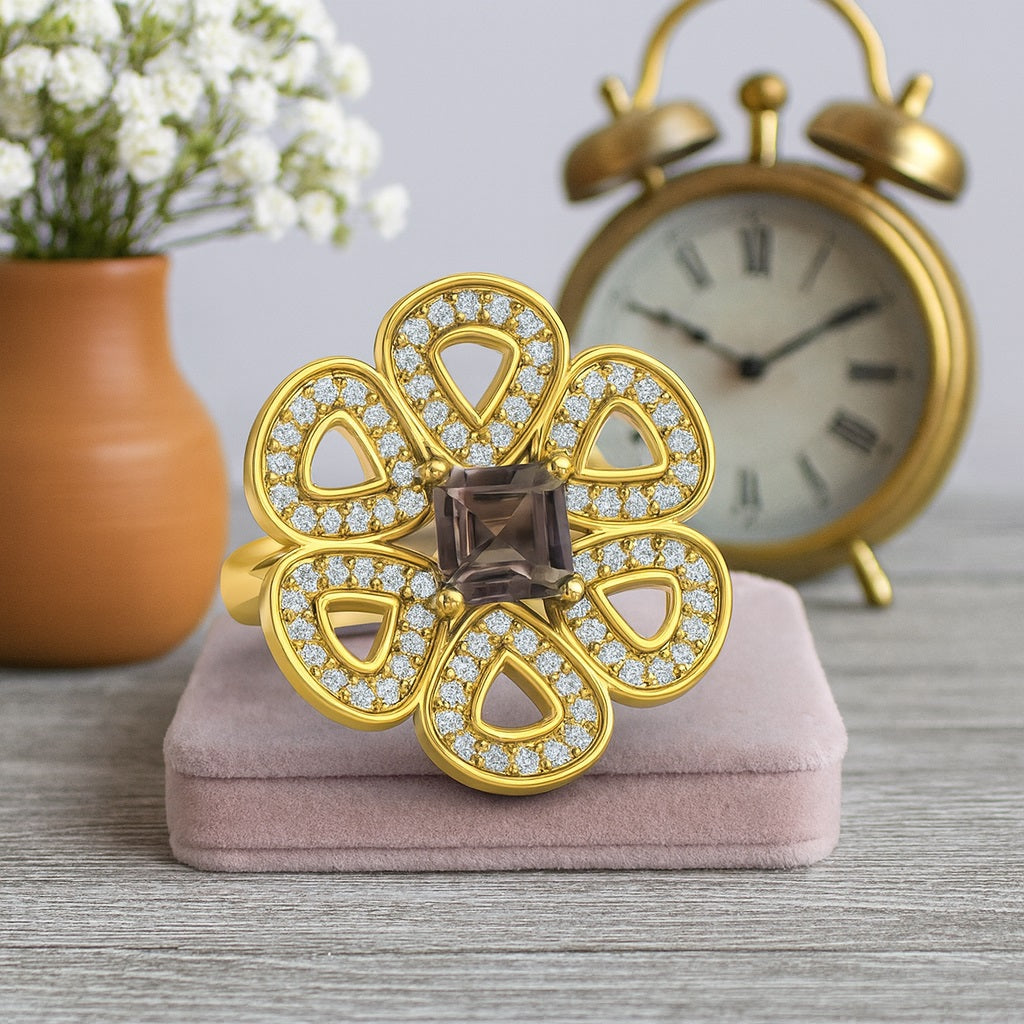 Smoky Quartz 0.75 Ct Cushion Floral Cocktail Ring - 14K Yellow Gold