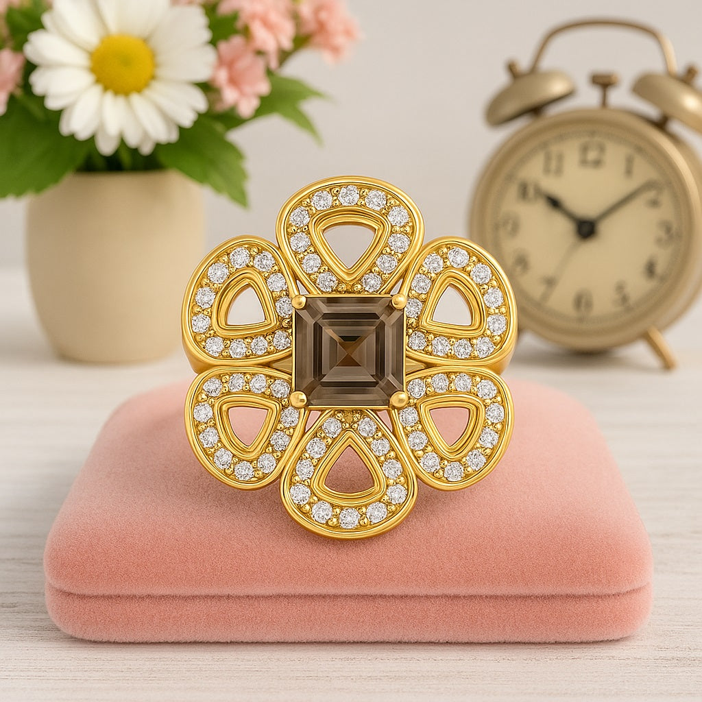 Smoky Quartz 0.75 Ct Cushion Floral Cocktail Ring - 14K Yellow Gold