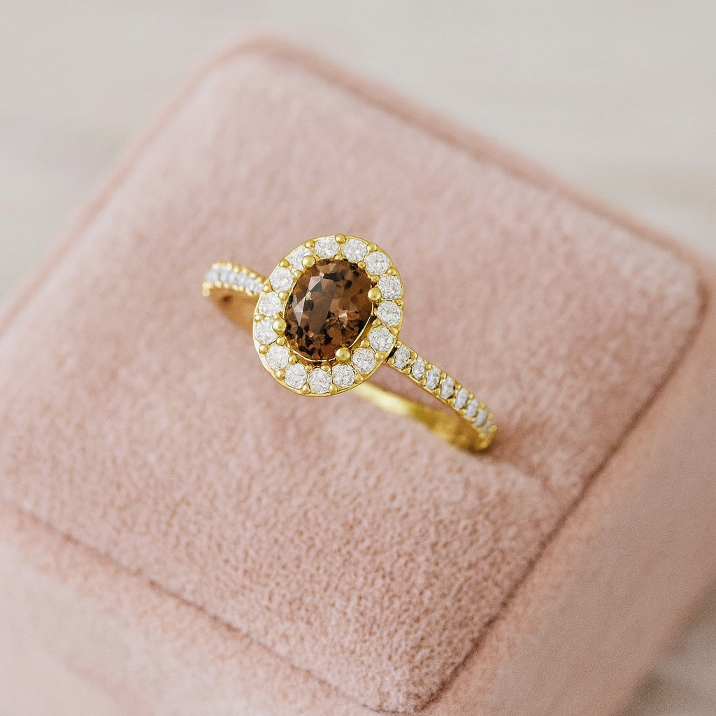 Smoky Quartz 0.20 Ct Oval Solitaire with Accents Ring - 14K Yellow Gold