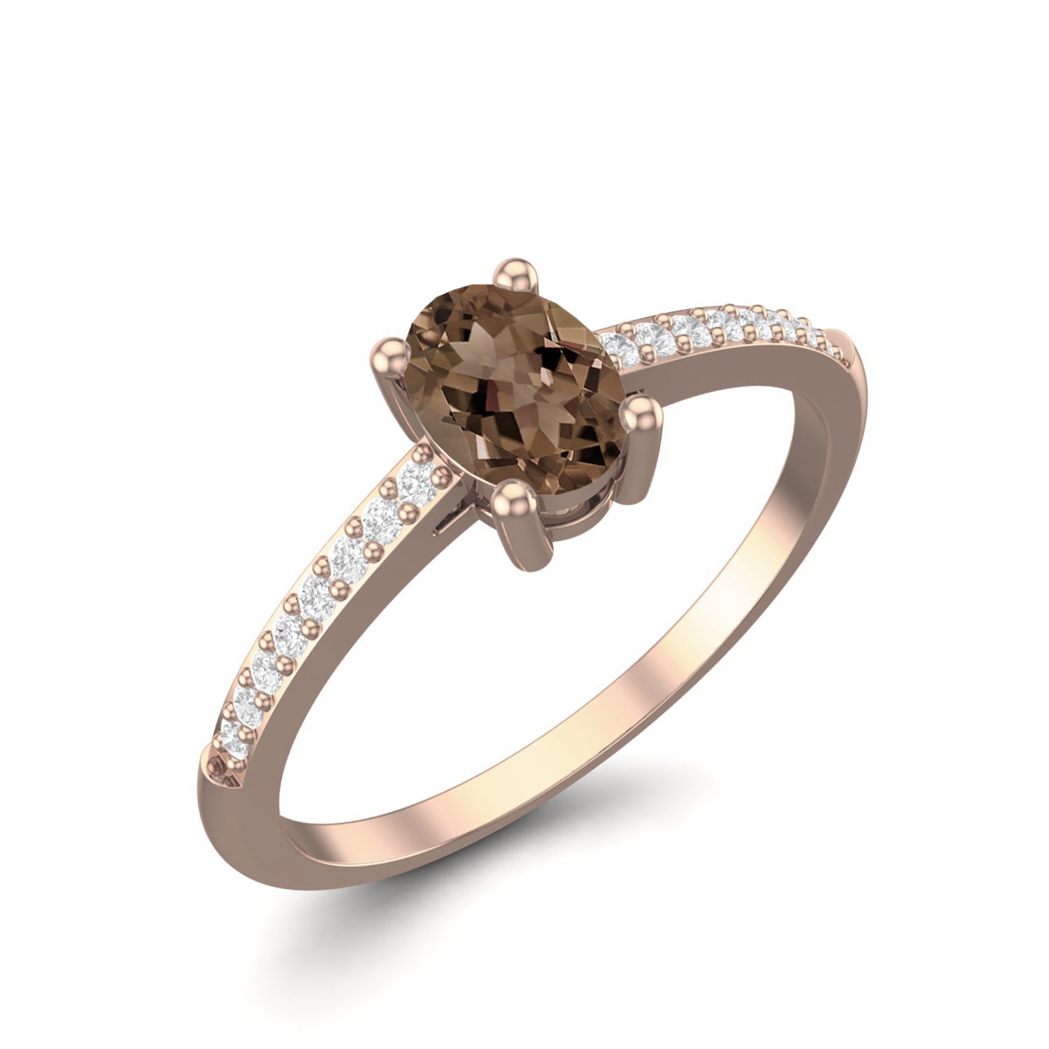 Smoky Quartz 0.25 Ct Oval Solitaire with Accents Ring - 14K Yellow Gold