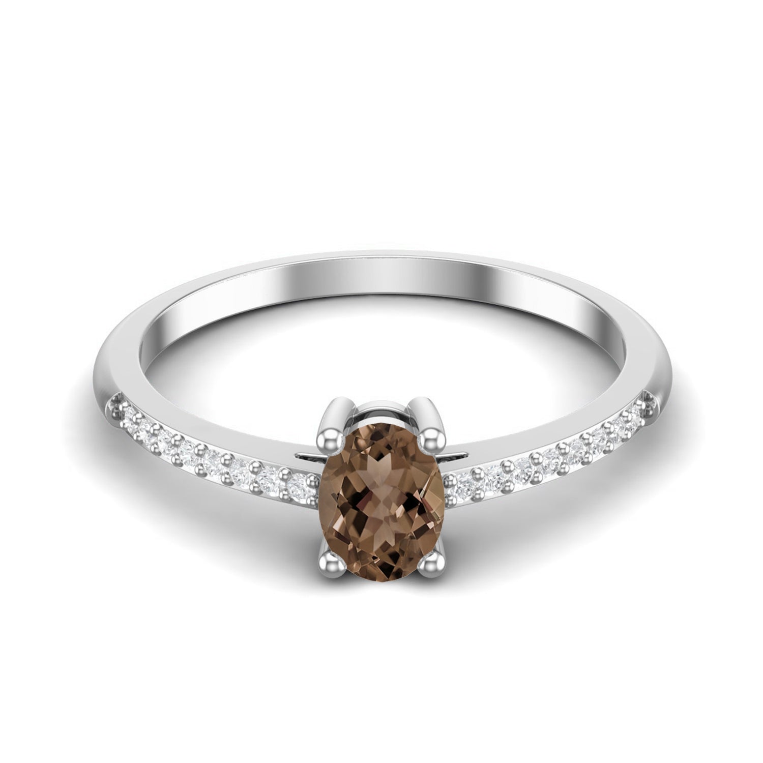 Smoky Quartz 0.25 Ct Oval Solitaire with Accents Ring - 14K Yellow Gold