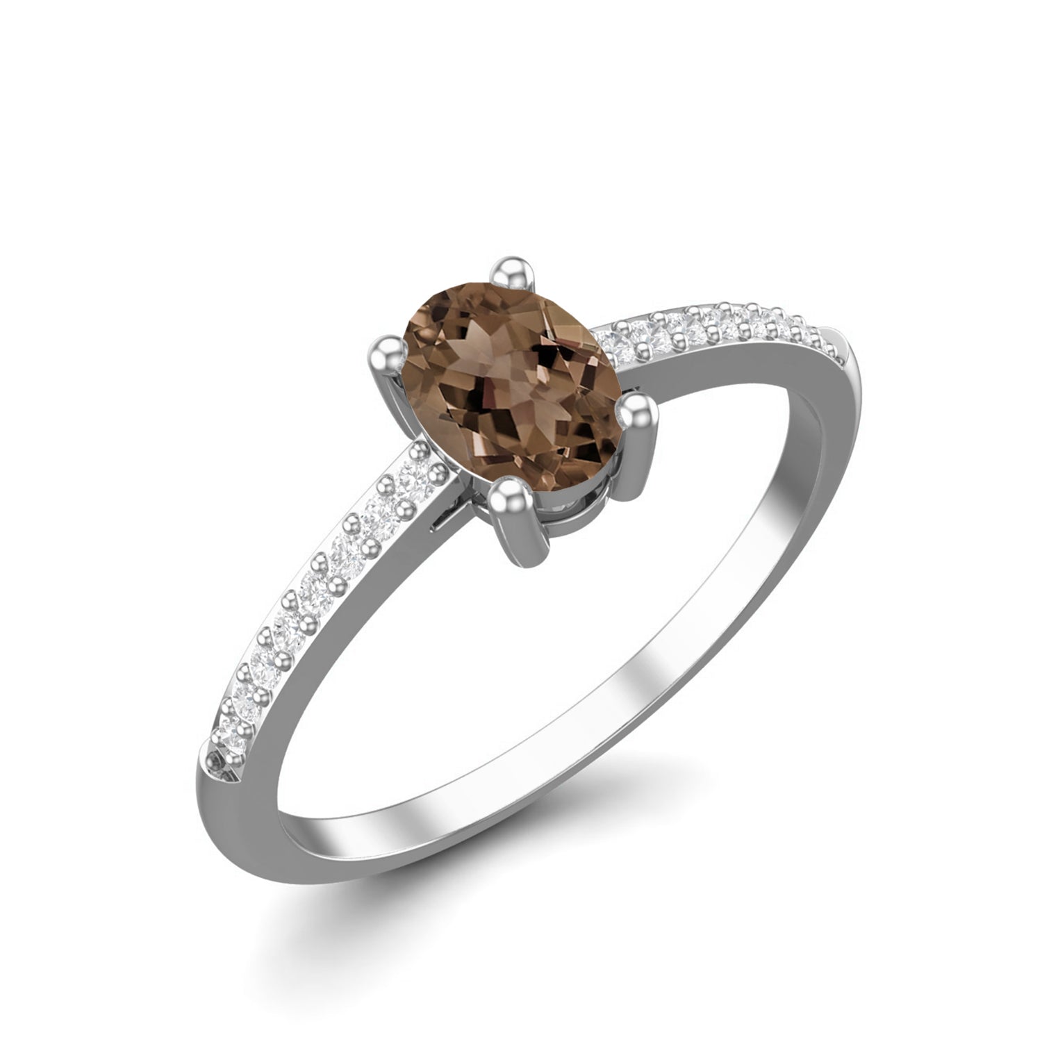 Smoky Quartz 0.25 Ct Oval Solitaire with Accents Ring - 14K Yellow Gold