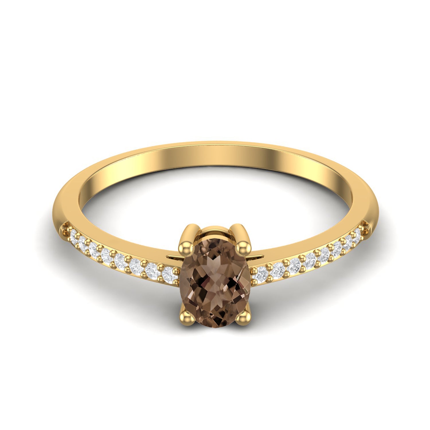 Smoky Quartz 0.25 Ct Oval Solitaire with Accents Ring - 14K Yellow Gold