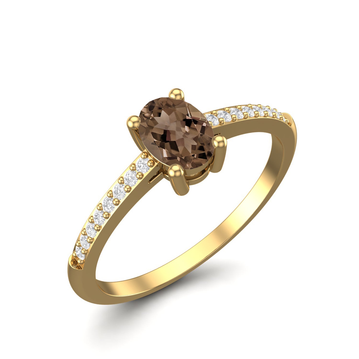 Smoky Quartz 0.25 Ct Oval Solitaire with Accents Ring - 14K Yellow Gold
