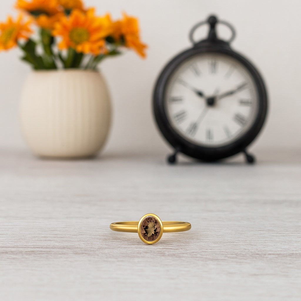Smoky Quartz 0.25 Ct Oval Bezel Set Solitaire Ring - 14K Yellow Gold