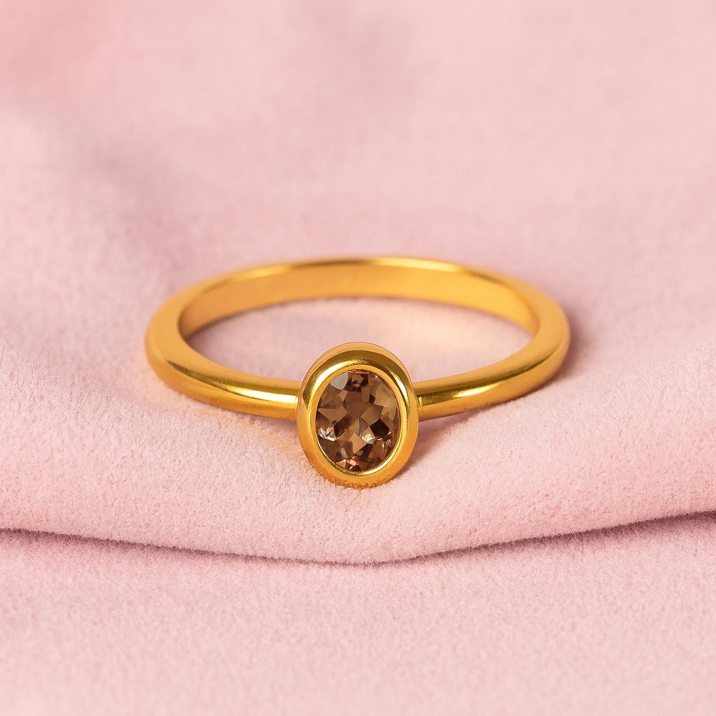 Smoky Quartz 0.25 Ct Oval Bezel Set Solitaire Ring - 14K Yellow Gold