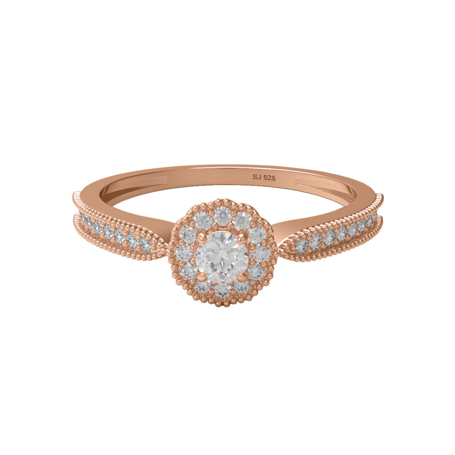 Moissanite Double Halo Milgrain Design Ring – Sterling Silver