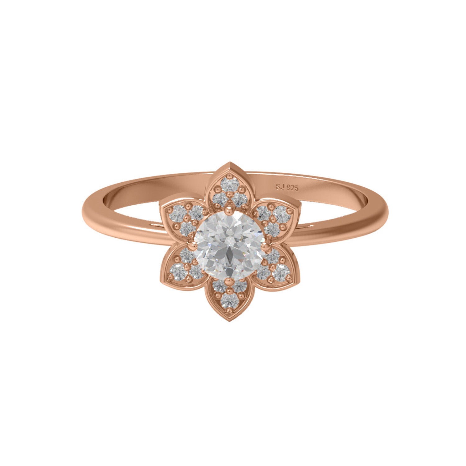 Moissanite Lotus Petal Floral Halo Ring – Sterling Silver