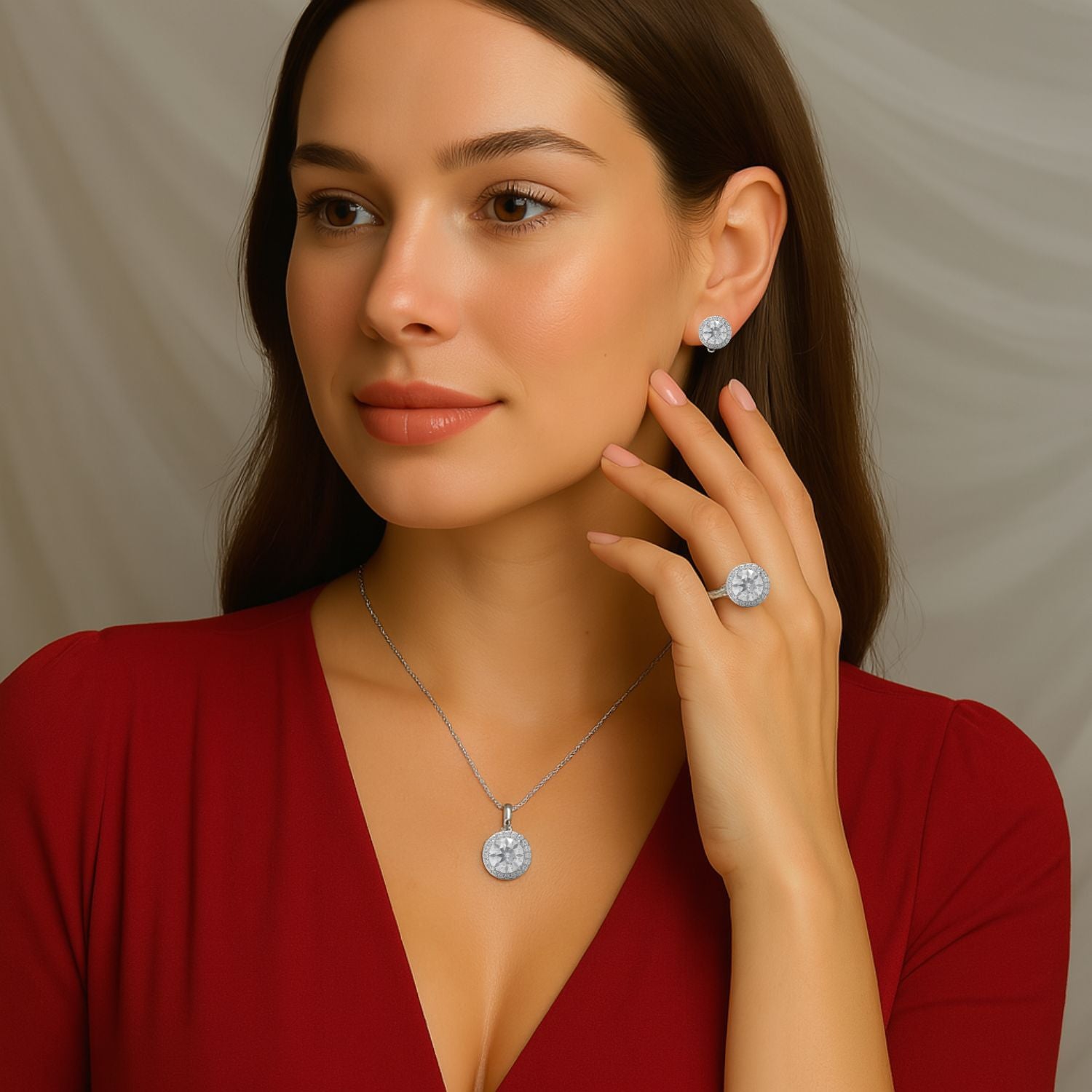 Moissanite Round  Halo Jewelry Set - Sterling Silver
