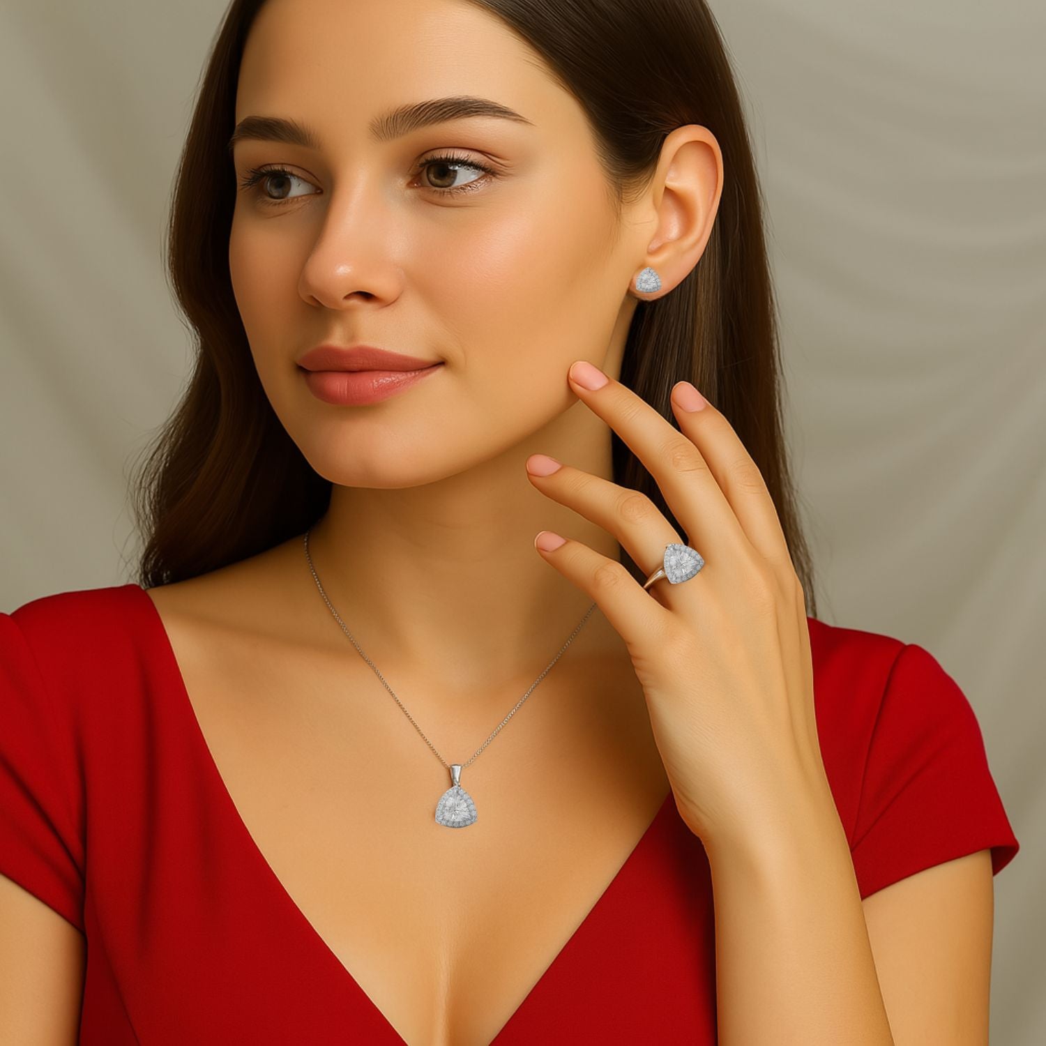 Moissanite Trillion Halo Set – Ring, Pendant & Earrings - Sterling Silver