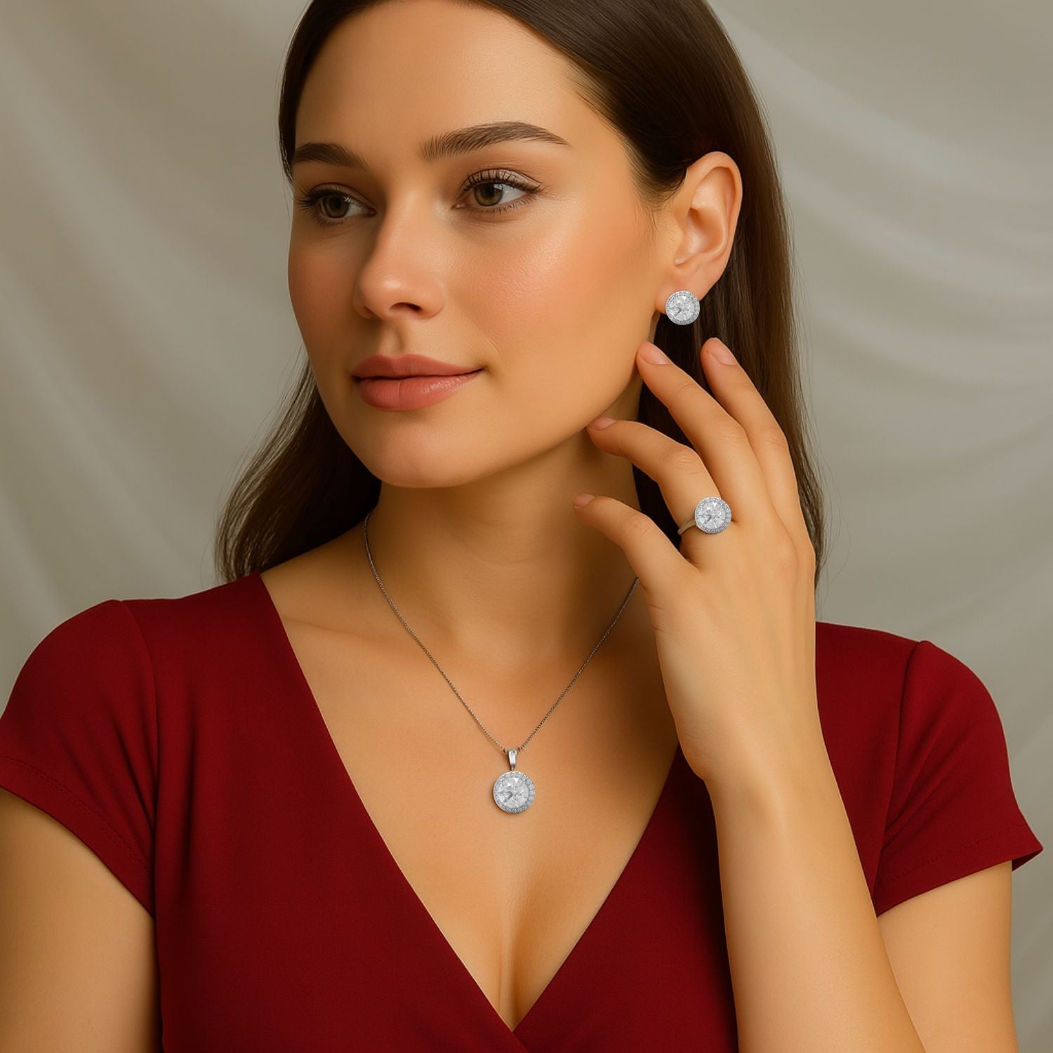 Moissanite Round Halo Set – Pendant, Earrings & Ring