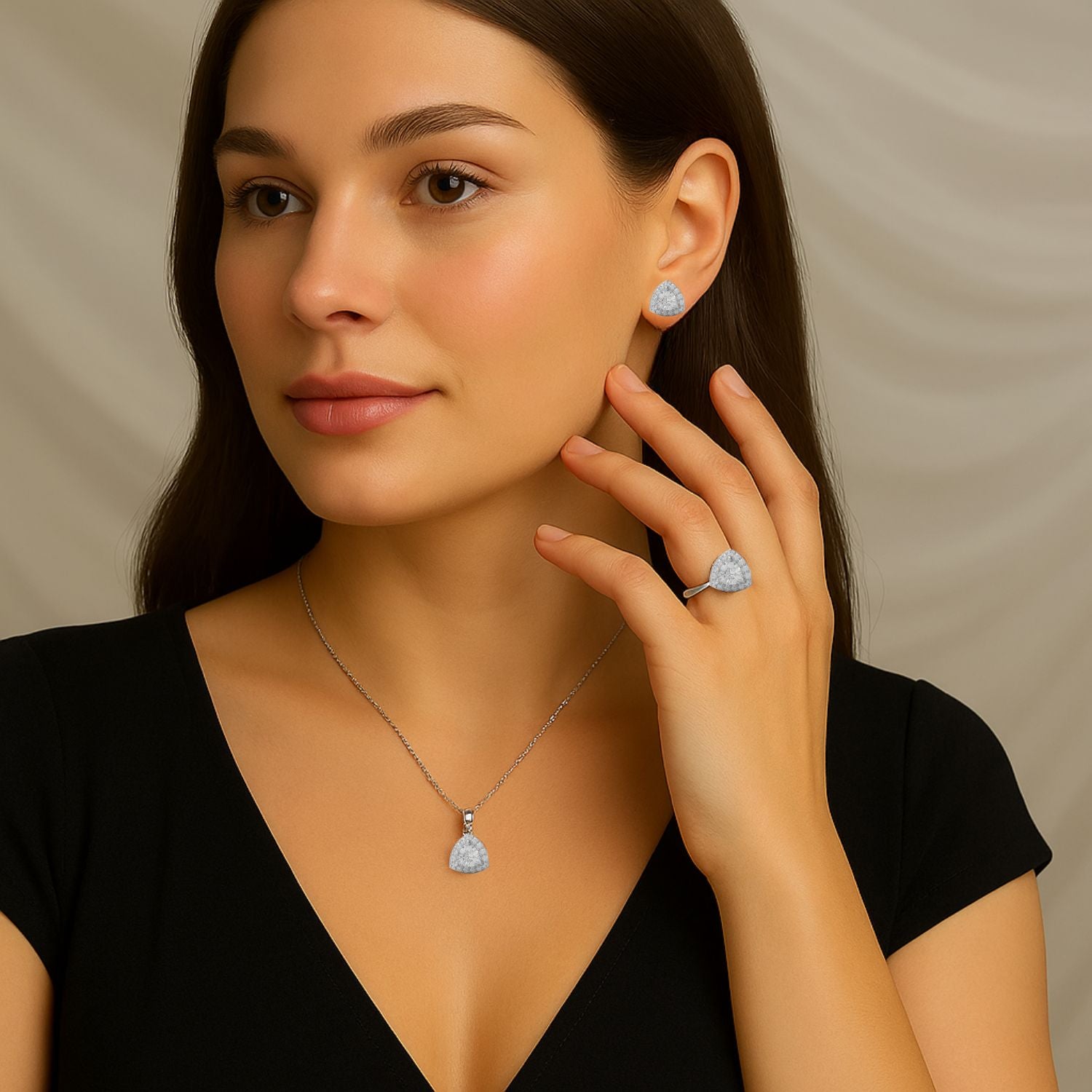 Moissanite Trillion Cut Halo Ring, Pendant & Earrings Set - Sterling Silver