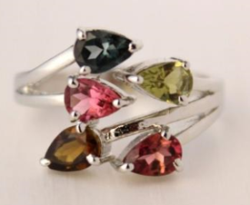 Pear Shaped Multi Tourmaline Gemstone Ring 925 Sterling Silver Bridal Promise Ring For Women