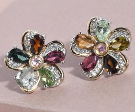 Pear Shaped Floral Multi Tourmaline Earrings For Women 925 Sterling Silver Studs Earrings