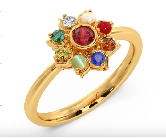 Anello placcato giallo naturale Navratna con 9 pietre preziose, anello astrologico rotondo con più pietre preziose