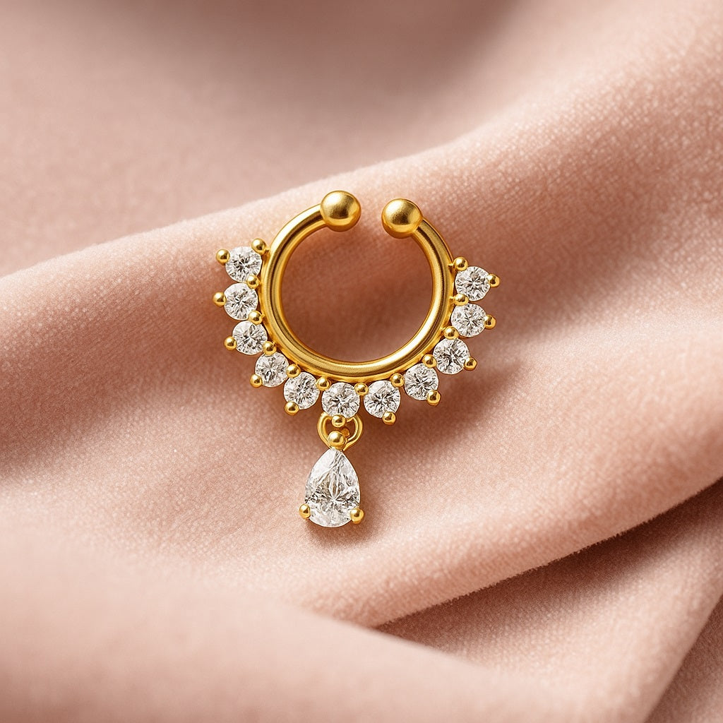 White CZ with Teardrop Dangling Nose Pin – Sterling Silver Gold Plated