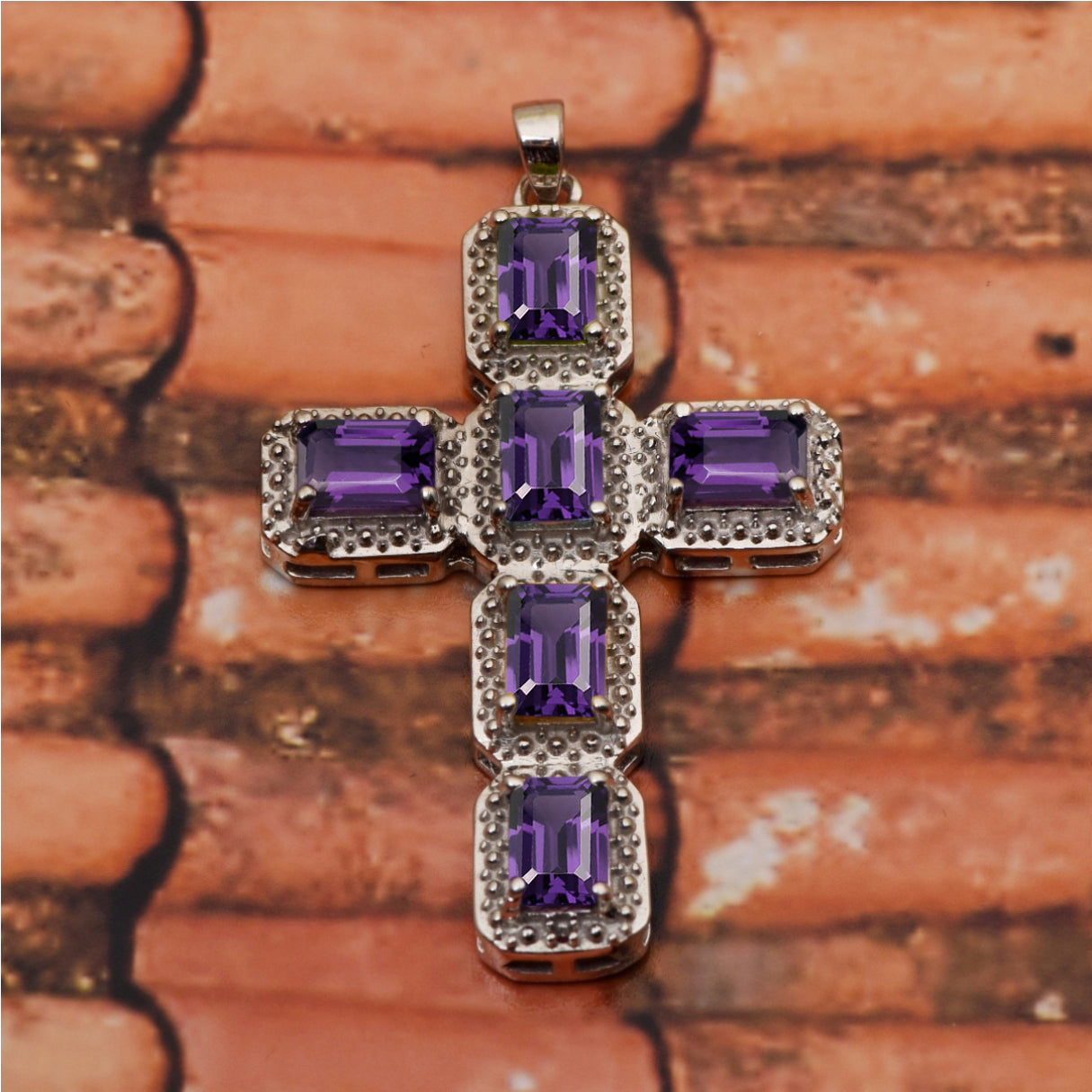 Multi Stone Rectangular Cross Pendant -Sterling Silver
