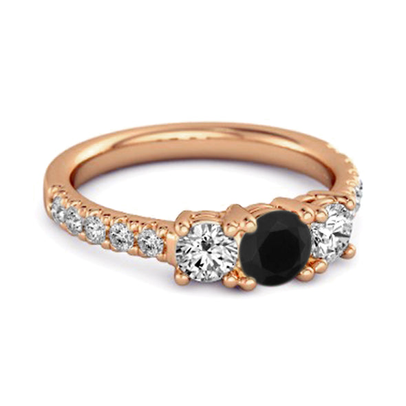 Three Stone Round Cut Natural Black Spinel 925 Silver Engagement Ring
