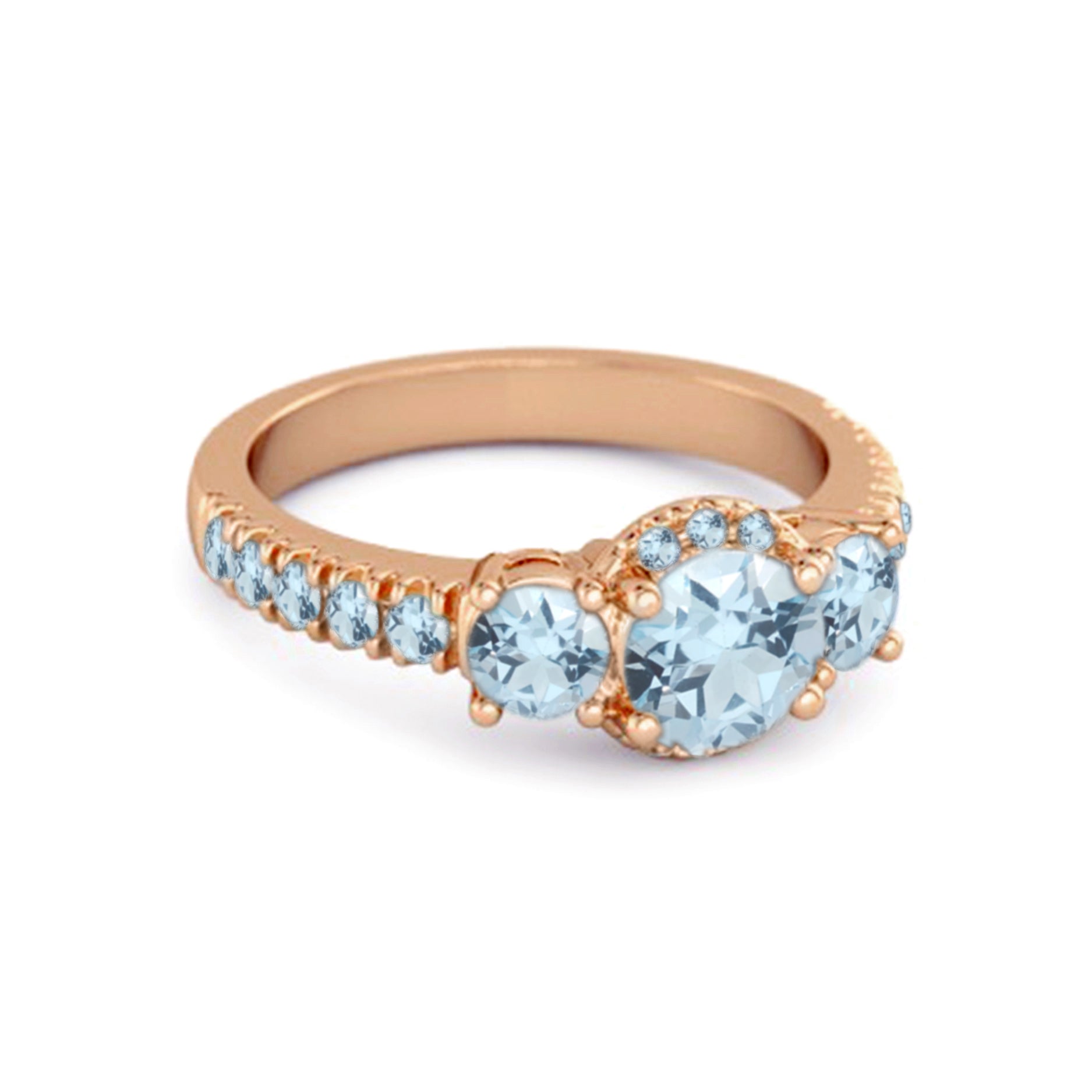 Blue Topaz Three-Stone Halo Pavé Band Ring -Sterling Silver