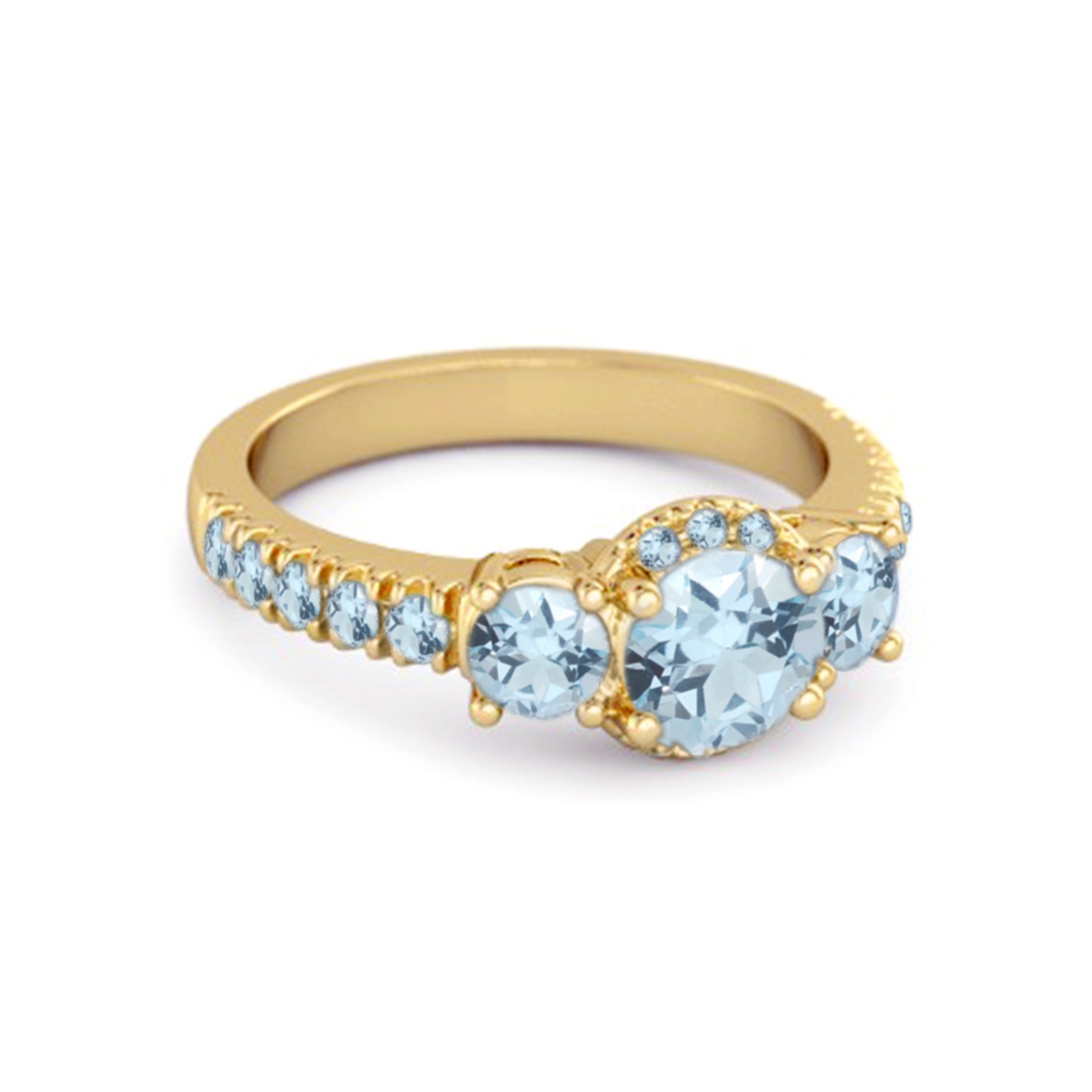 Blue Topaz Three-Stone Halo Pavé Band Ring -Sterling Silver