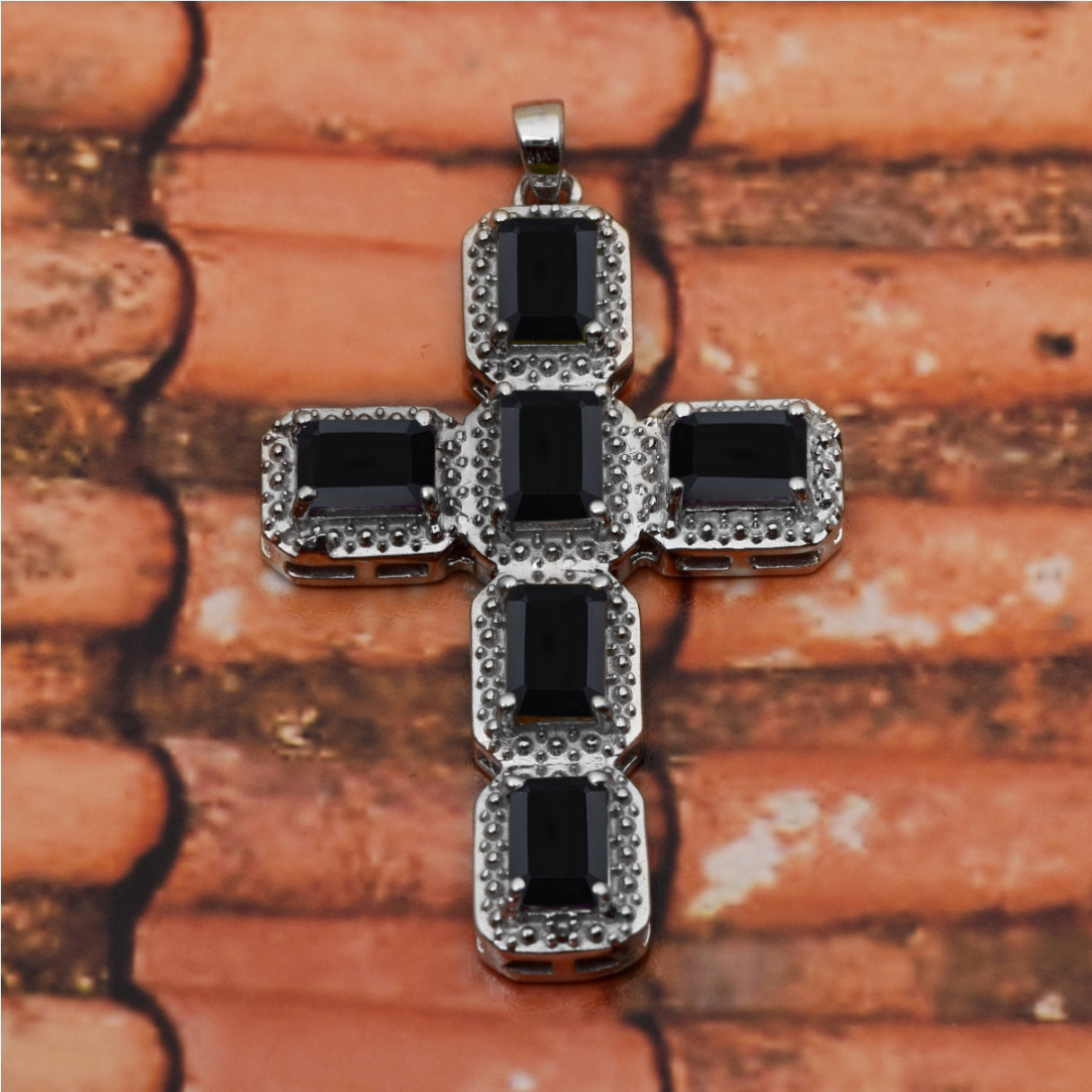 Multi Stone Rectangular Cross Pendant -Sterling Silver