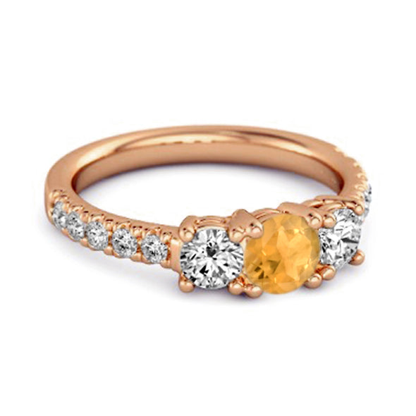 Three Stone Round Cut Natural Citrine 925 Silver Engagement Ring