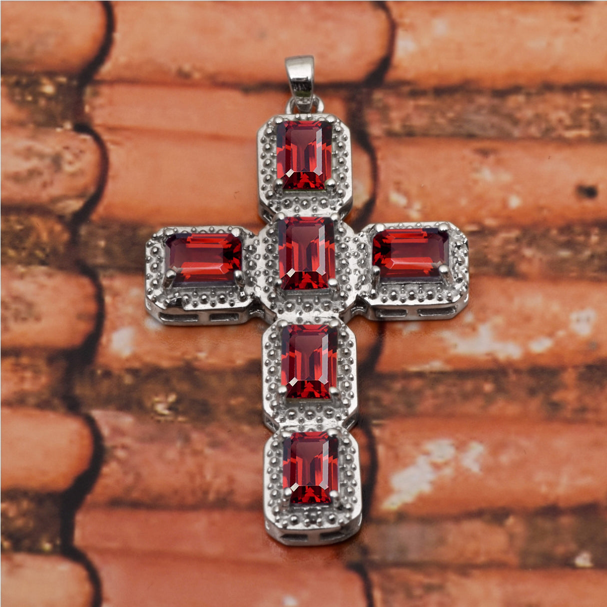 Multi Stone Rectangular Cross Pendant -Sterling Silver