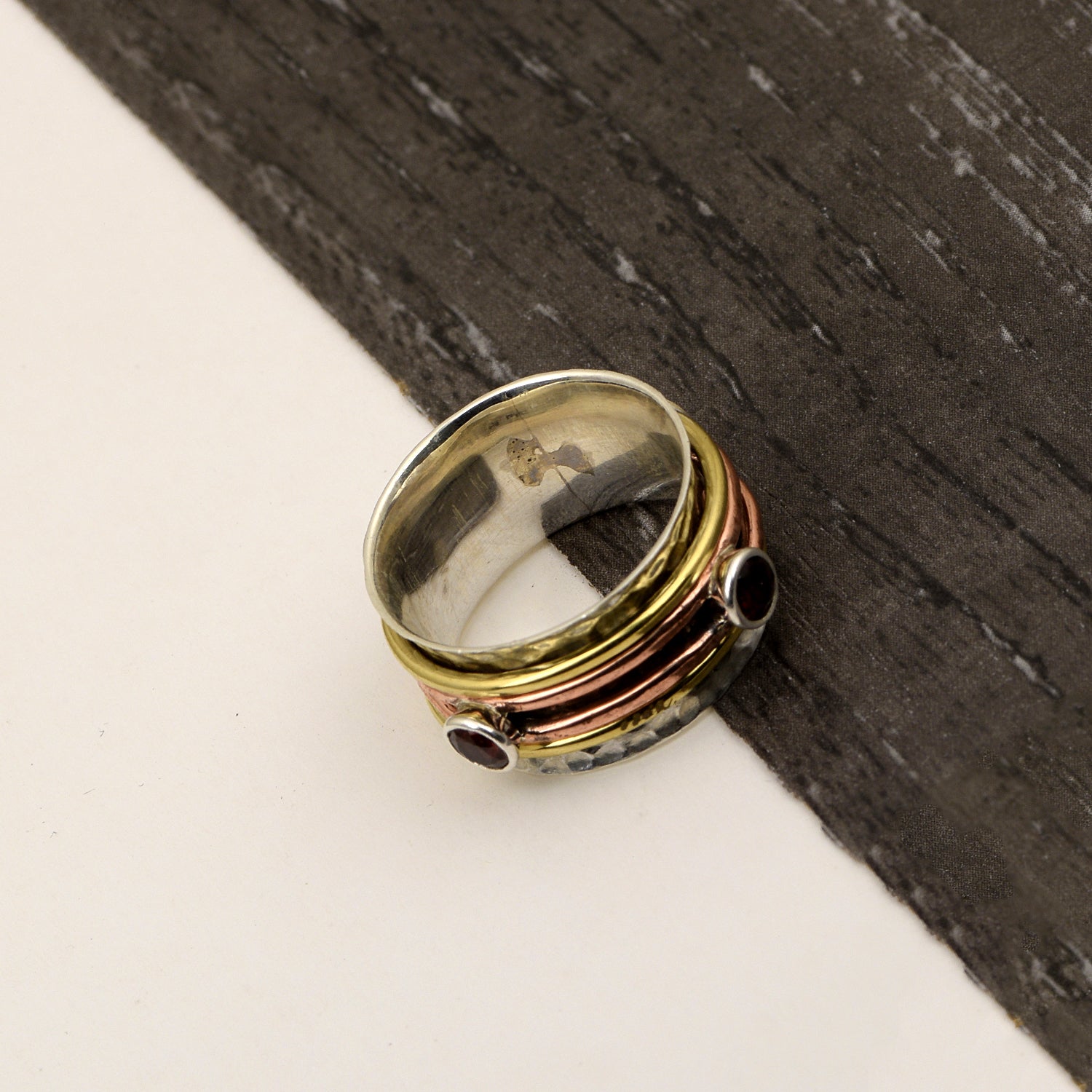 Garnet Hammered Spinner Band Ring - Sterling Silver