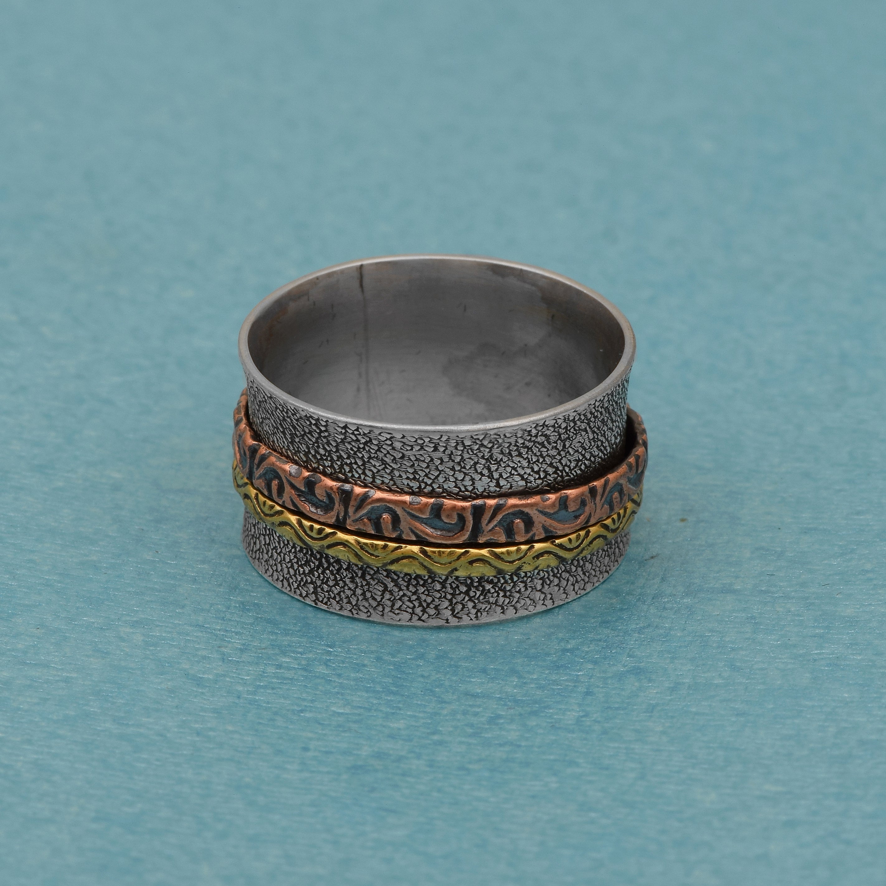 Dual Ornate Textured Spinner Ring - Sterling Silver