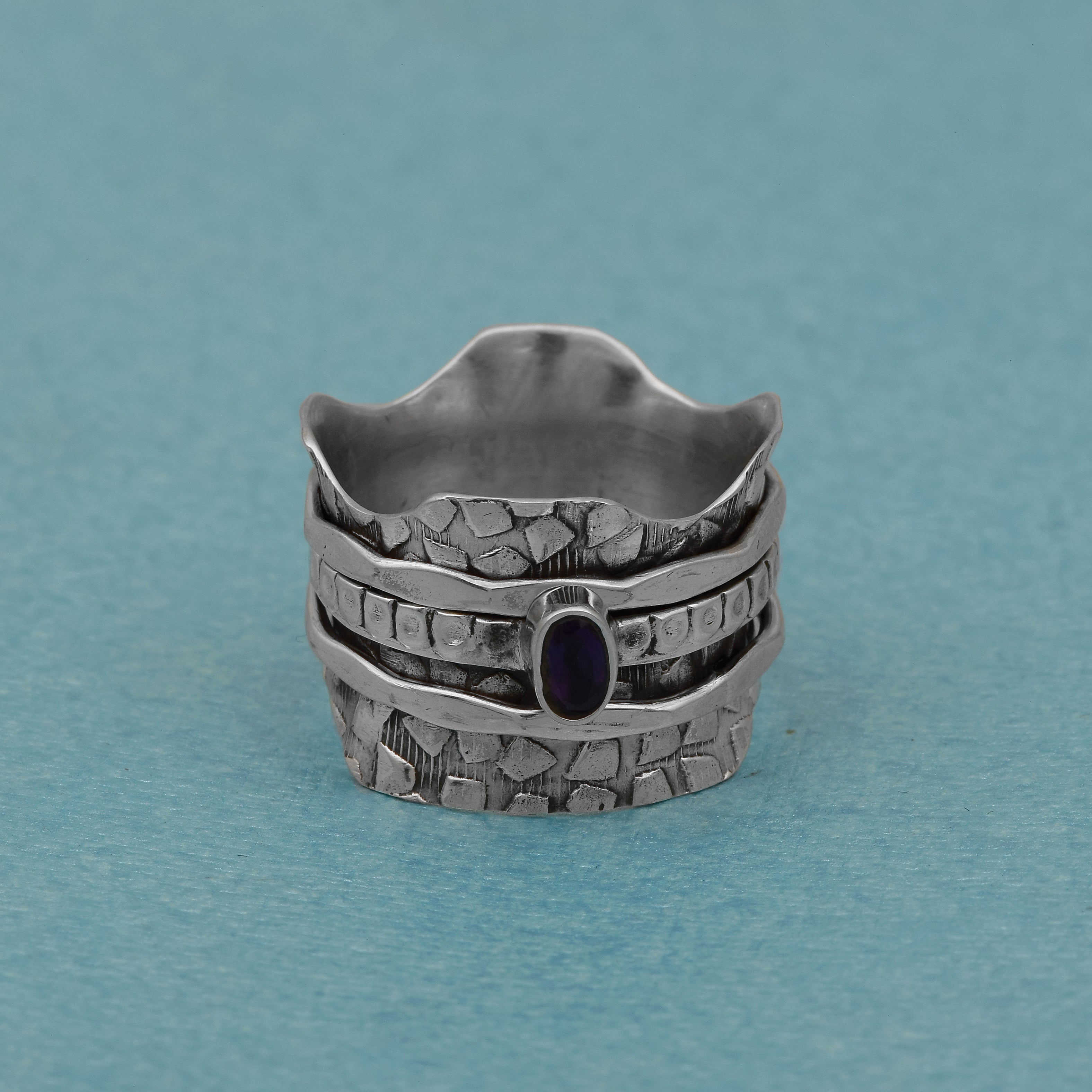Amethyst Sculpted Edges & Textured Spinner Ring - Sterling Silver